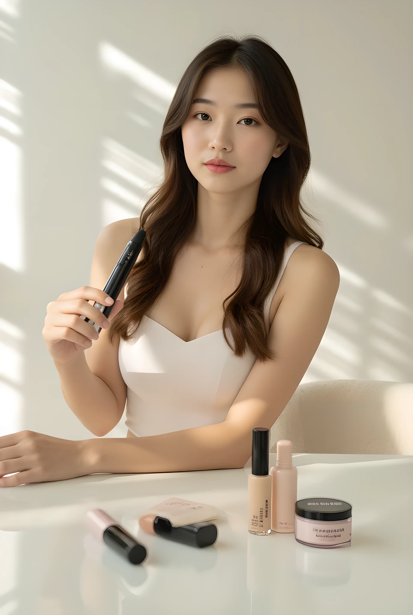 real, High-detail photo, (realism:1.5), ( highest quality:1.5), Sexy Japanese Woman, A young woman presents an elegant set of makeup products . She is holding a mascara , while the rest of the products are arranged on a shiny white table. She is wearing subtle makeup and a stylish top . the background is blurred , with neutral colors, to focus on the products and her face . ultra-realistic, soft lighting , sharp focus..( soft light reflections through window :1.3), (natural posture ), ( shiny skin with irregularities :1.2), fine pores, subtle blush on cheeks , (enger Top und Shorts, Figure accentuating :1.3), ( realistic reflections in the car ), soft shadows, soft color transitions , fine film grain , shot with a Hasselblad camera in 3FR format, 50mm f/2.8