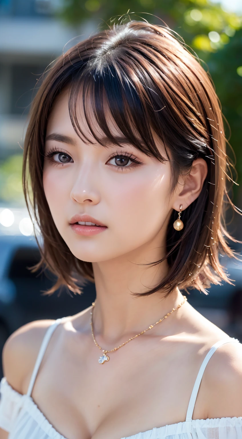 8K RAWフォト、 Hi-Res、, Professional Photos, (Realistic,  photorealistic:1.37), (highly detailedskin:1.2),  hold out your hands to the viewers、 bust up、  Light Blonde Hair、 neckline open cordless ,  off-shoulder 、cute Japanese 18 year old 、Round face、Very thin lips、 Very Big Round Breasts 、 voluminous cleavage 、Beautiful eyes and fine details、 long eyelashes 、 beautiful double eyelids、 Short Bang 、 earrings for a woman alone、  necklace  、random、 