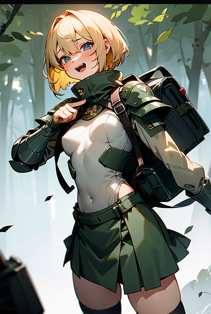 (masterpiece), best quality, expressive eyes, perfect face, highres, sinon1, scarf, fingerless gloves, long sleeves, short shorts,groin, hair ornament, hairclip, green thighhighs, green jacket,covered_nipples, thigh strap, field, sunset_ruins_landscape_background, ruined structures, dynamic_posing, looking at the viewer,,covered_navel,