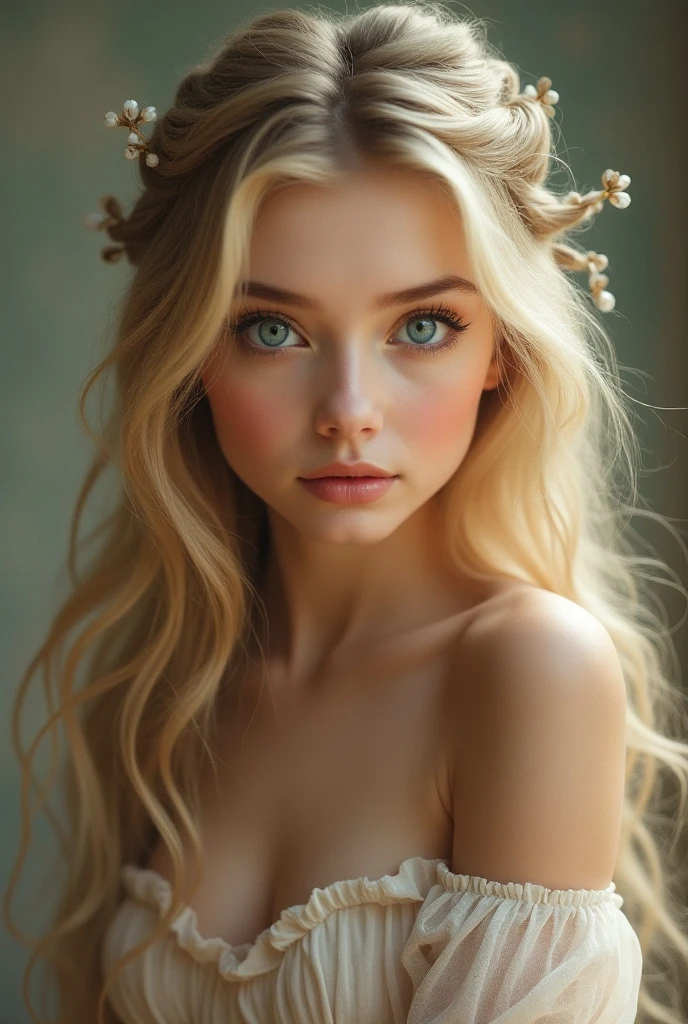 (masterpiece:1.2), (best quality:1.2), perfect eyes, perfect face, perfect lighting, 1girl, mature female in a field, medium blond hair, curly hair, detailed clothes, detailed outdoor background, makeup, eyeshadow, thick eyelashes, fantasy, looking at the viewer, spring