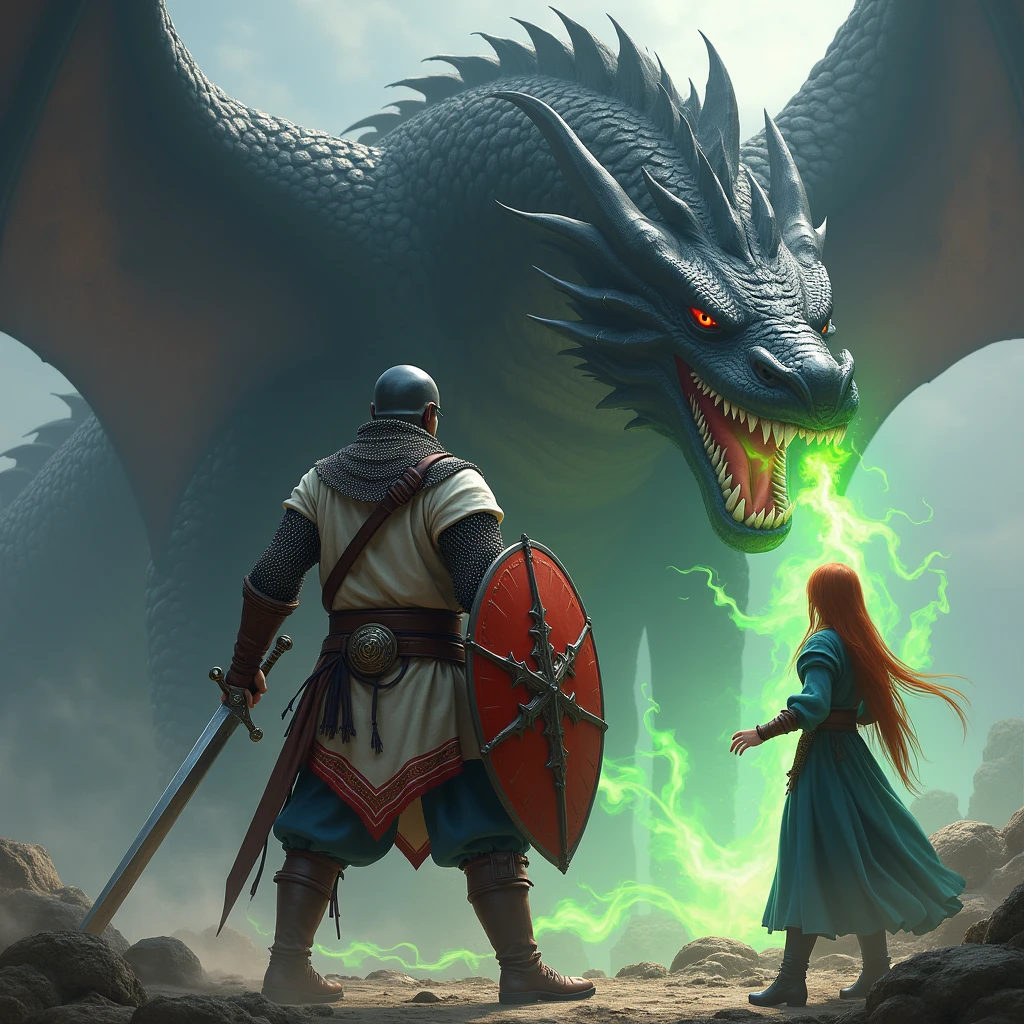 Dragon attacking man holding saber on platform, anime scenes, D&D trend on ArtStation, Dungeons & Dragons fantasy art, epic fantasy game art, 4K fantasy art, fantasy game art, 2. 5 D CGI Anime Fantasy Art, D&D Fantasy Art, Epic Fantasy Style Art, Krentz Kusart and Lin Wenjun, Highly detailed fantasy art, lightning and thunder, fierce wind