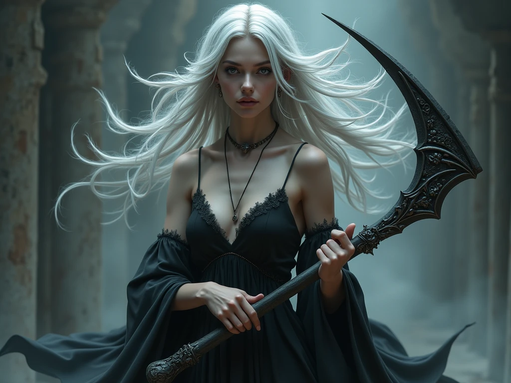 a female grimm reaper warrior, dark hooded robe, scythe weapon, gothic fantasy, intricate details, dark moody lighting, dramatic pose, intense glowing eyes, detailed facial features, long flowing hair, dark shadowy background, photorealistic, 8k, highly detailed, cinematic, dramatic lighting, dramatic atmosphere, striking pose