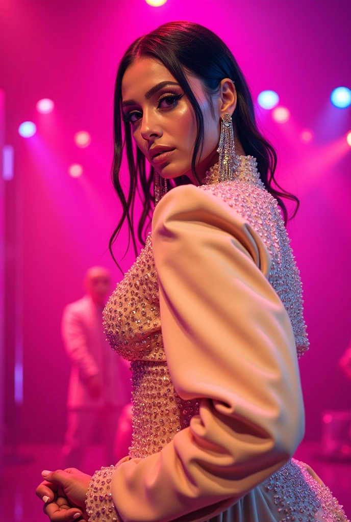 (masterpiece, best quality:1.3), (beautiful, aesthetic, perfect, delicate, intricate:1.2), (cute, sexy, pornographic), (depth of field:1.2), (1 sexy ultra hot girl, solo), colourful, woman of 45 years-old resembling Monica Bellucci, perfect face, black flowing hair , long braid bun hair , front view, big breasts , bright lighting ambience atmosphere ,woman standing in a disco night club party , cold light, dim light, muted colours, spartan, (dynamic angle, looking at viewer, blushing:1.2)