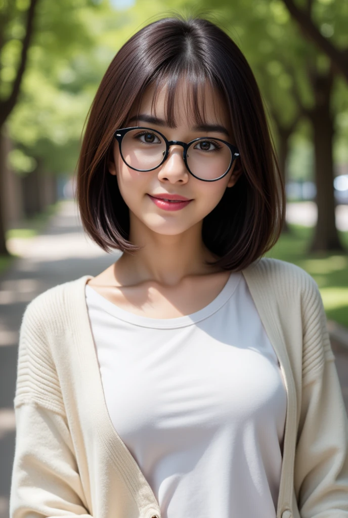 Top Quality, Masterpiece, Ultra High Definition, (Photorealistic: 1.4), (Look Off: 1.4), (Look Off: 1.4), No Look at Camera, Raw Photo, One Girl, Dark Hair, (Straight Bobs: 1.4), (Patsun: 1.4), Bangs, Glasses, Smile, Glossy Skin, Dramatic Lighting, Neat, T-Shirt, White Summer Sweater, (Big: 0.9), parks