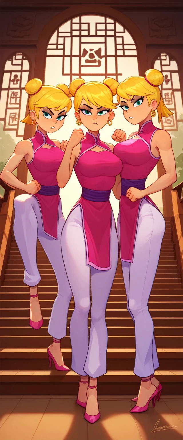 lola loud, 3girls,trio, 24yo girl, large breasts, pink cheongsam,  inside of a chinese temple, looking at viewer, blonde hair, two hair buns , hands  score_9, score_8_up, score_7_up, high heels, teep fighting stance,martial arts, stairs behind her, guarding the stairs, triplets, white long pants, pants window on the each side of the pants