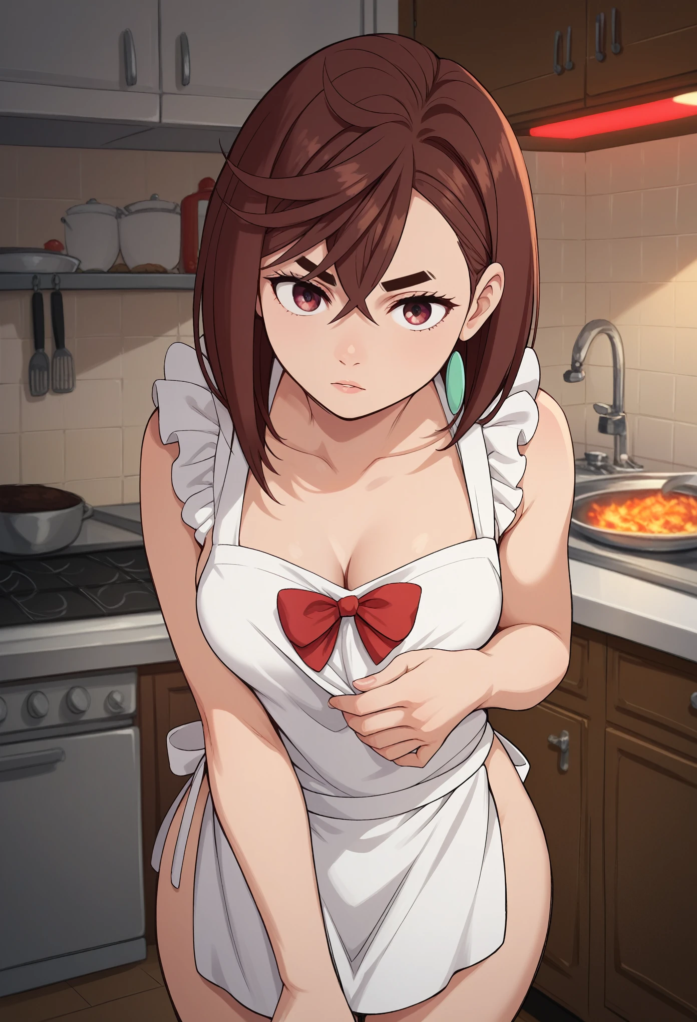 Ranma saotome, cabello rojo corto, pechos muy grandes, hermosos pechos, cuerpo completo, usando solo un delantal de cocina, sin ropa interior, senos grandes, caderas anchas, cocinando, usando delantal de cocina blanco, delantal blanco, semidesnuda, delantal de cocina, cocina sexy, delantal obseno, ricos pechos, senos vulgares, pose vulgar, quitandose la ropa