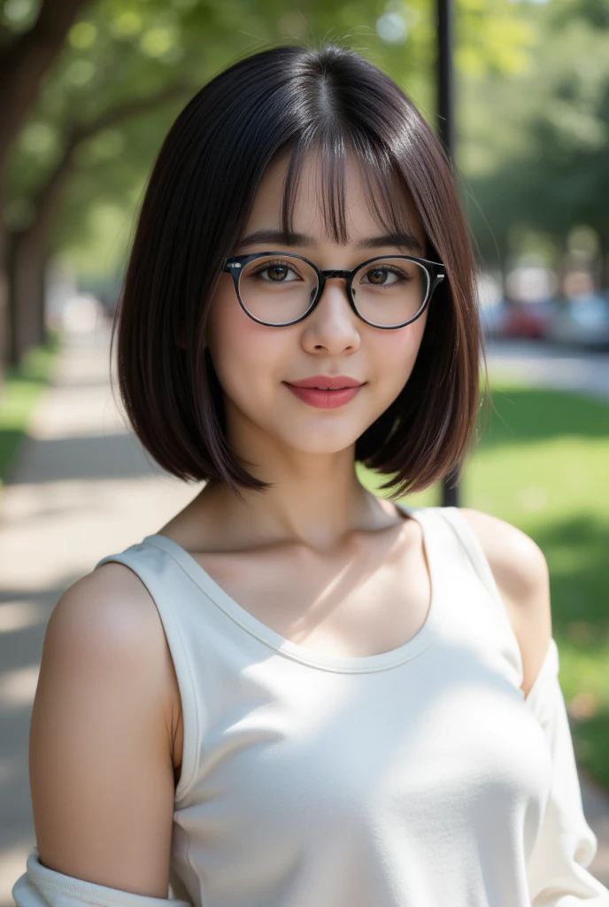 Top Quality, Masterpiece, Ultra High Definition, (Photorealistic: 1.4), (Look Off: 1.4), (Look Off: 1.4), No Look at Camera, Raw Photo, One Girl, Dark Hair, (Straight Bobs: 1.4), (Patsun: 1.4), Bangs, Glasses, Smile, Glossy Skin, Dramatic Lighting, Neat, T-Shirt, White Summer Sweater, (Big: 0.9), parks