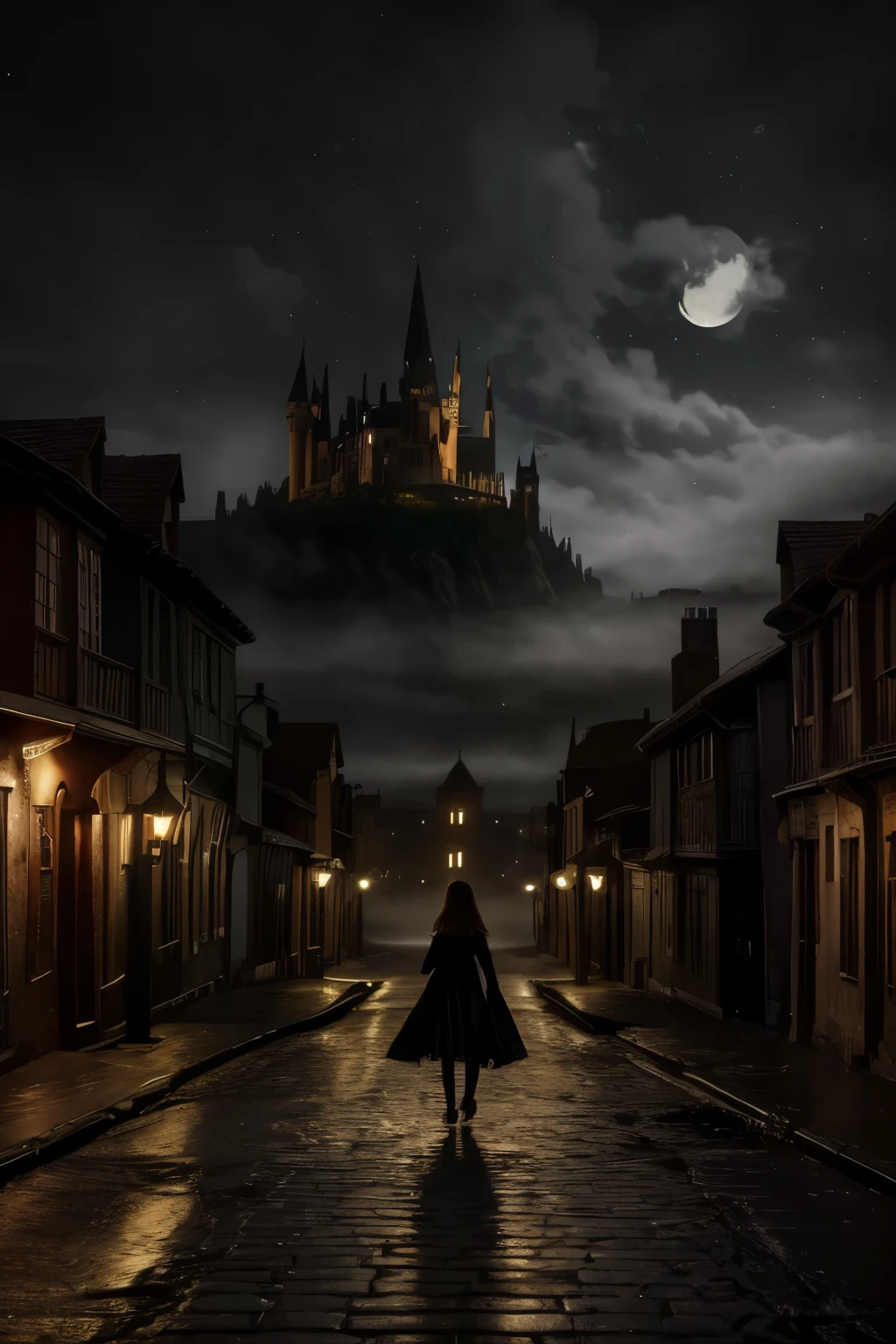  dreamlike fantasy landscape, a surreal , whimsical castle in the distance, 1girl, detailed face, beautiful eyes, long hair, detailed dress, walking through the mystical scenery, (best quality,4k,8k,highres,masterpiece:1.2),ultra-detailed,(realistic,photorealistic,photo-realistic:1.37),fantasy,surreal,dreamscape,magical,ethereal,glowing,vibrant colors,dramatic lighting, Dark gloomy street of mystic ancient town, nighttime, after the rain, (glowing fog)1,2, muted colors, vintage, aesthetic, (Dark Fantasy)0,9, Otherworldly, Surreal, 16K, dreamy, dark mode, Starlight0,9, moonlight, Ambrotype, beautiful, masterpiece, highest quality, There is a black flower on the damaged road，crescent moon，town，The light is dark，gothic style (best quality),（intricate details), (8k）

