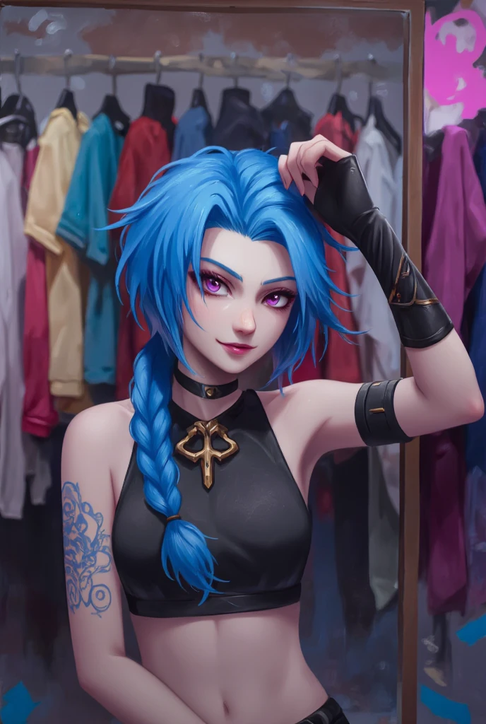 anime style, Jinx \(league of legends\), blue hair, Jinx trying on various strange clothes and accessories in her room, with colorful clothes arranged in front of the mirror. She made various shapes in front of the mirror, trying to find the most satisfactory combination, with a room filled with neon lights and graffiti as the background, Valkyrie, best quality, masterpiece, intricate details, ultra-detailed