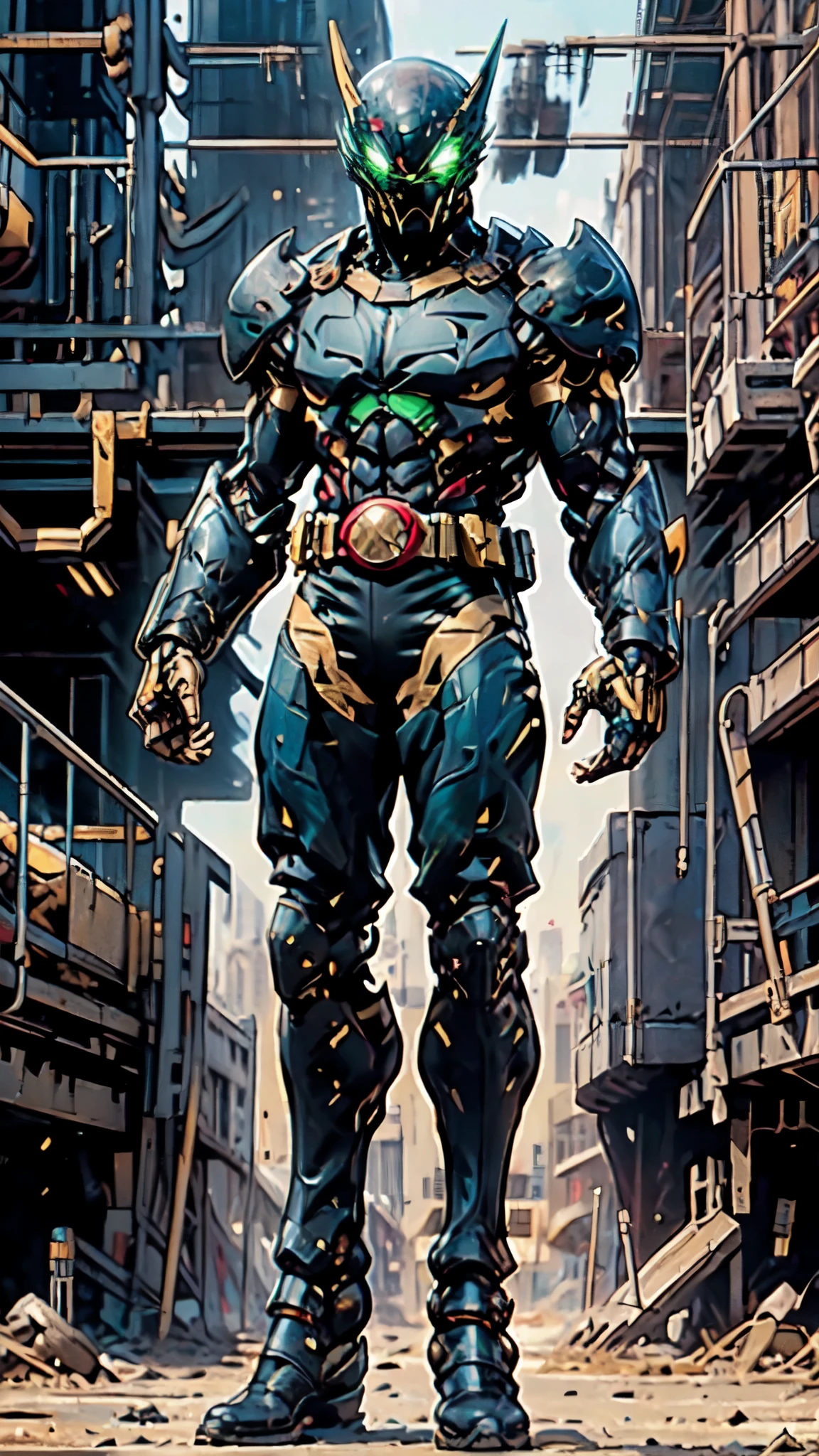 (masterpiece:1.5, best quality:1.5, extremely delicate:1.5), ((male:1.5)), a man wearing a full-face helmet, green eyes, fantasy-style high-tech biomimetic armored combat suit, (a composite layered chest armor), the design balances heavy with agility, fully enclosed shoulder guards, matching arm and leg guards, a belt of gemstone, (the color scheme is primarily Black with Blue and Red accents, Organic Biotech, Concept Inspired by Batman, glowing eyes, armor glows, stand of a futuristic sci-fi city), this character embodies a finely crafted fantasy-style armored hero in anime style, exquisite and mature art style, metallic, high definition, highres, ultra-detailed, ultra-fine painting, professional, perfect body proportions, golden ratio, anatomically correct, symmetrical face, extremely detailed eyes and face, high quality eyes, creativity, RAW photo, UHD, 32k, Natural light, cinematic lighting, masterpiece-anatomy-perfect