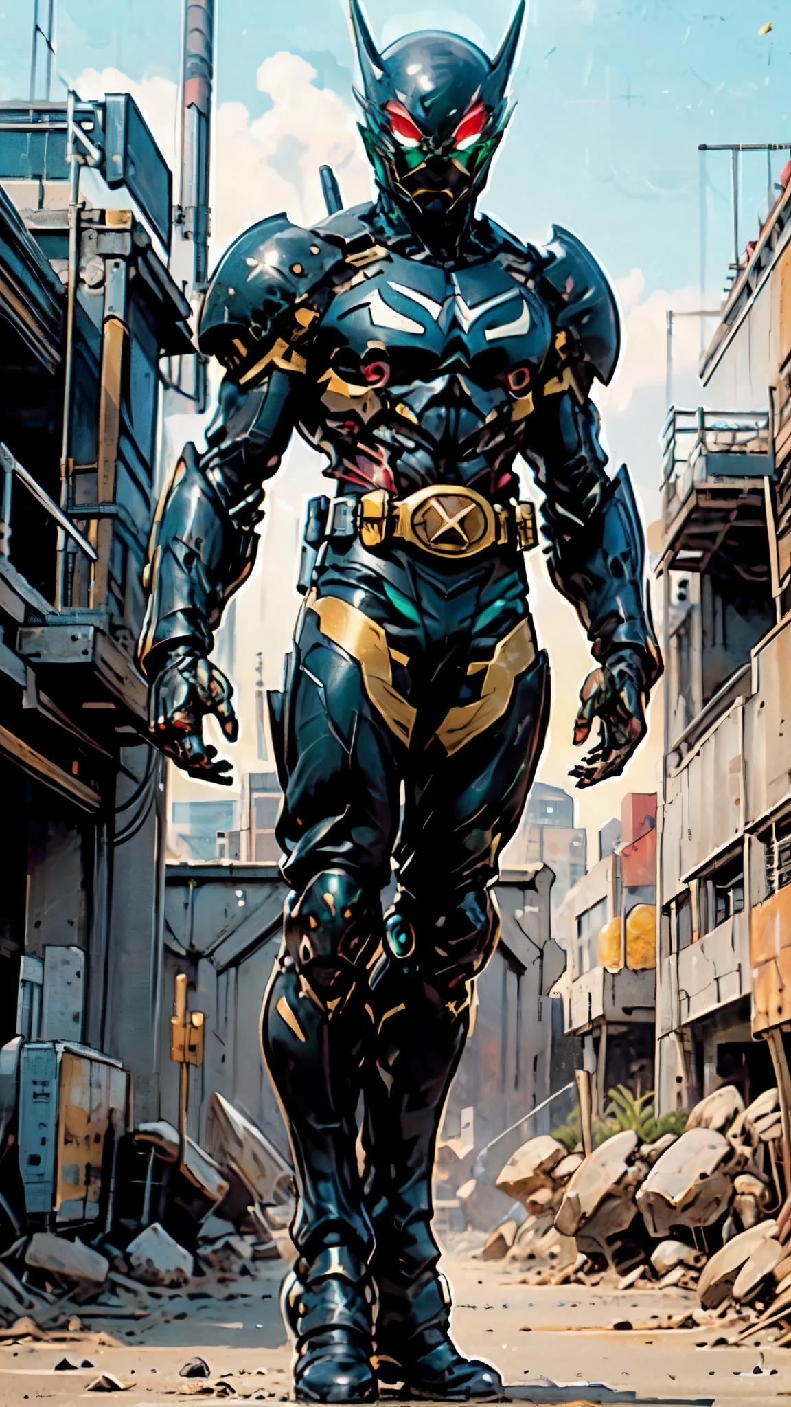 (masterpiece:1.5, best quality:1.5, extremely delicate:1.5), ((male:1.5)), a man wearing a full-face helmet, green eyes, fantasy-style high-tech biomimetic armored combat suit, (a composite layered chest armor), the design balances heavy with agility, fully enclosed shoulder guards, matching arm and leg guards, a belt of gemstone, (the color scheme is primarily Black with Blue and Red accents, Organic Biotech, Concept Inspired by Batman, glowing eyes, armor glows, stand of a futuristic sci-fi city), this character embodies a finely crafted fantasy-style armored hero in anime style, exquisite and mature art style, metallic, high definition, highres, ultra-detailed, ultra-fine painting, professional, perfect body proportions, golden ratio, anatomically correct, symmetrical face, extremely detailed eyes and face, high quality eyes, creativity, RAW photo, UHD, 32k, Natural light, cinematic lighting, masterpiece-anatomy-perfect