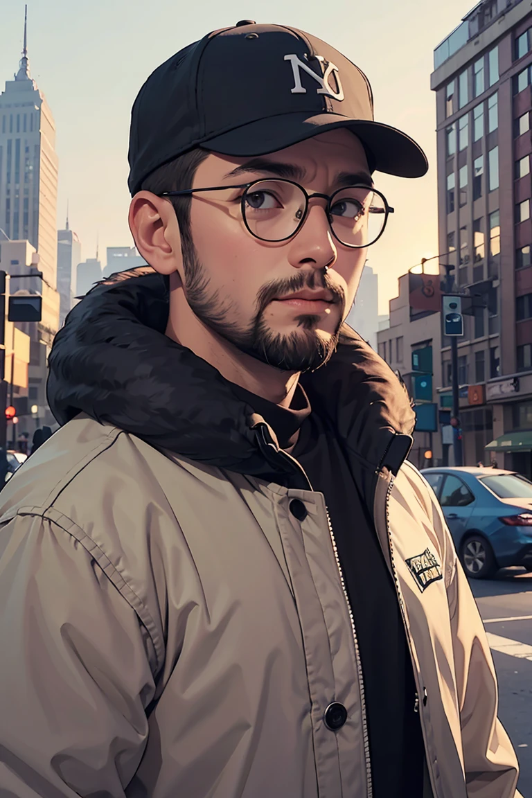 man with reverse NYC cap, 40 year old, eskimo, short beard, round glasses, mid long hair.