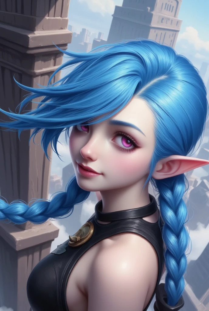 anime style, Jinx \(league of legends\), blue hair, Jinx exploring the city, climbing up a tower and overlooking the entire city. Her eyes revealed a longing for the unknown and a passion for adventure, set against the backdrop of the towering buildings and busy streets, Valkyrie, best quality, masterpiece, intricate details, ultra-detailed