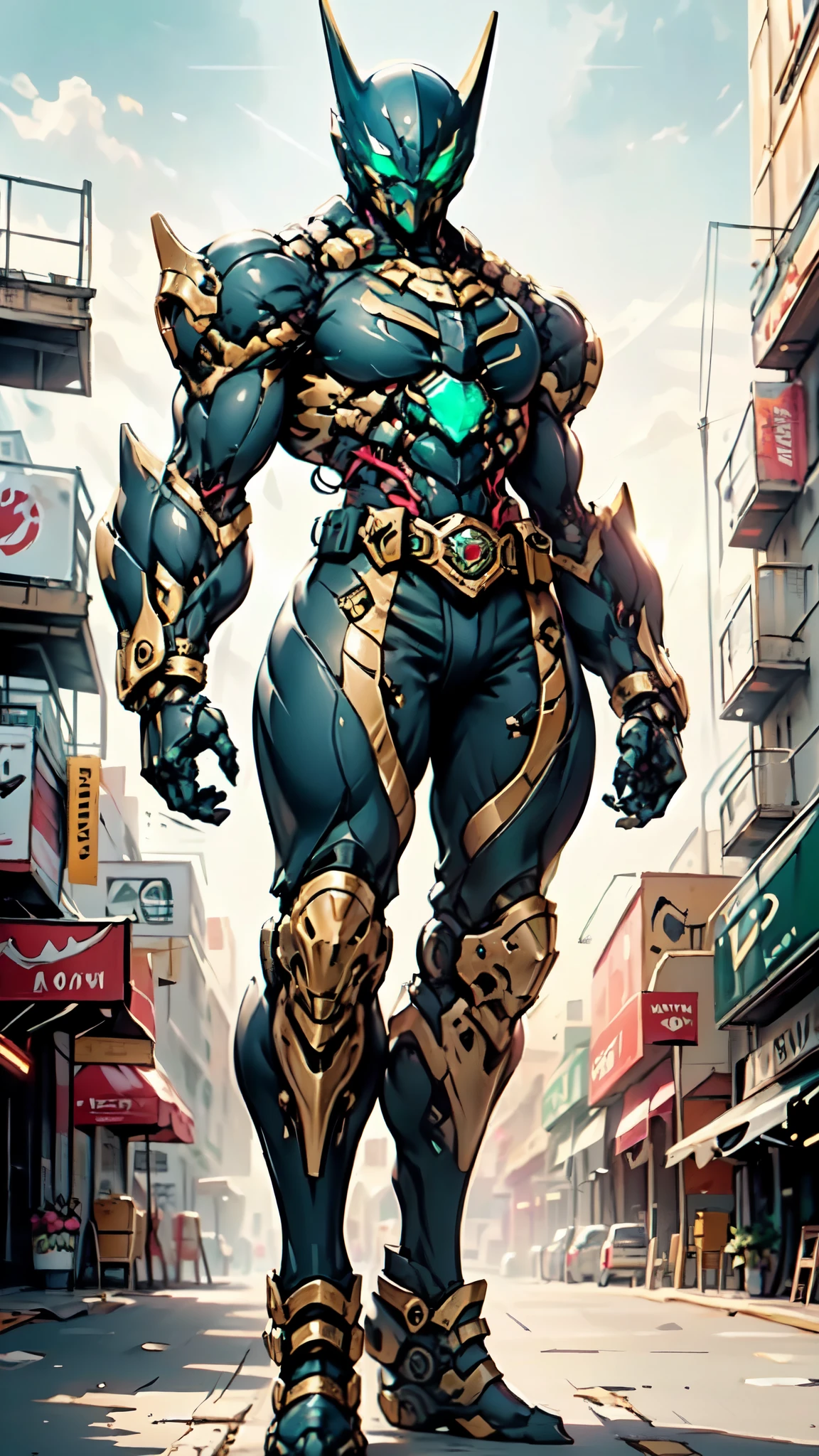 (masterpiece:1.5, best quality:1.5, extremely delicate:1.5), ((male:1.5)), a man wearing a full-face helmet, green eyes, fantasy-style high-tech biomimetic armored combat suit, (a composite layered chest armor), the design balances heavy with agility, fully enclosed shoulder guards, matching arm and leg guards, a belt of gemstone, (the color scheme is primarily Black with Blue and Red accents, Organic Biotech, Concept Inspired by Batman, glowing eyes, armor glows, stand of a futuristic sci-fi city), this character embodies a finely crafted fantasy-style armored hero in anime style, exquisite and mature art style, metallic, high definition, highres, ultra-detailed, ultra-fine painting, professional, perfect body proportions, golden ratio, anatomically correct, symmetrical face, extremely detailed eyes and face, high quality eyes, creativity, RAW photo, UHD, 32k, Natural light, cinematic lighting, masterpiece-anatomy-perfect