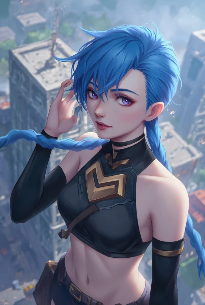 anime style, Jinx \(league of legends\), blue hair, Jinx exploring the city, climbing up a tower and overlooking the entire city. Her eyes revealed a longing for the unknown and a passion for adventure, set against the backdrop of the towering buildings and busy streets, Valkyrie, best quality, masterpiece, intricate details, ultra-detailed