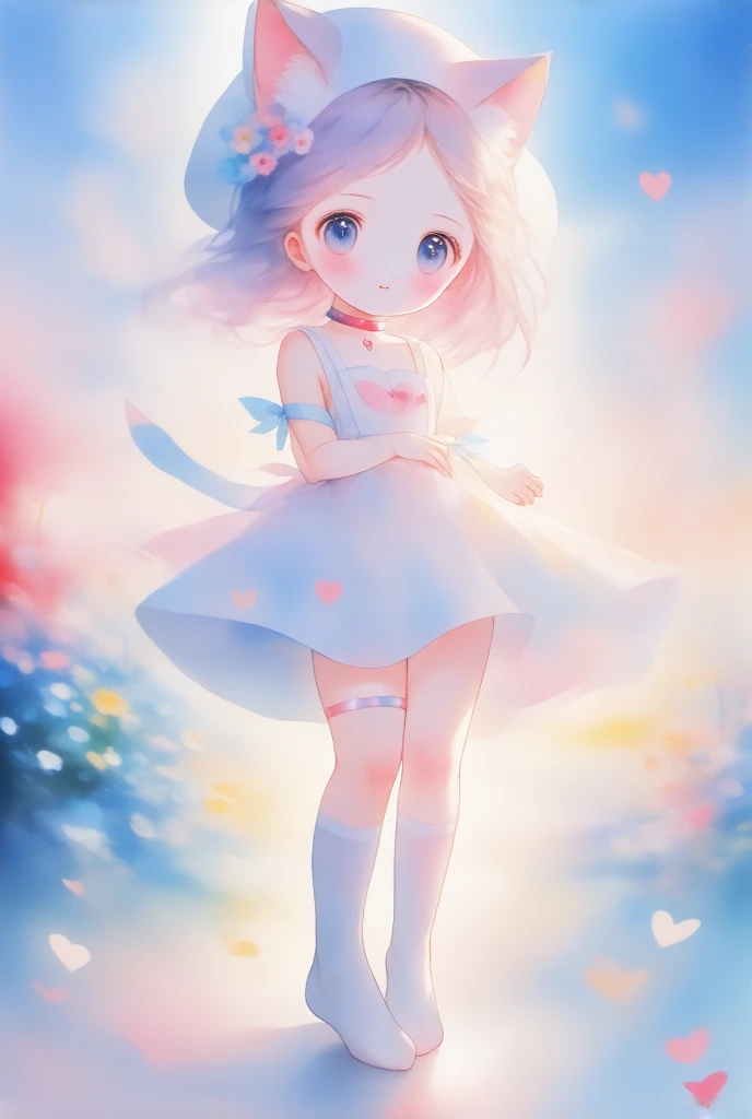 1girl, soles, solo, pink_flower, tail, cat_ears, animal_ears, blue_eyes, white_dress, dress, cat_tail, flower, feet, virtual_youtuber, breasts, thighhighs, ahoge, looking_at_viewer, purple_hair, strap_slip, hair_ornament, foot_focus, white_thighhighs, cat_girl, no_shoes, heart, choker, wrist_cuffs, toes, blush, hat, ribbon
