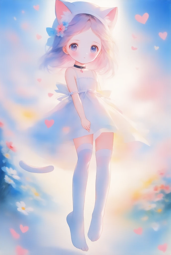 1girl, soles, solo, pink_flower, tail, cat_ears, animal_ears, blue_eyes, white_dress, dress, cat_tail, flower, feet, virtual_youtuber, breasts, thighhighs, ahoge, looking_at_viewer, purple_hair, strap_slip, hair_ornament, foot_focus, white_thighhighs, cat_girl, no_shoes, heart, choker, wrist_cuffs, toes, blush, hat, ribbon
