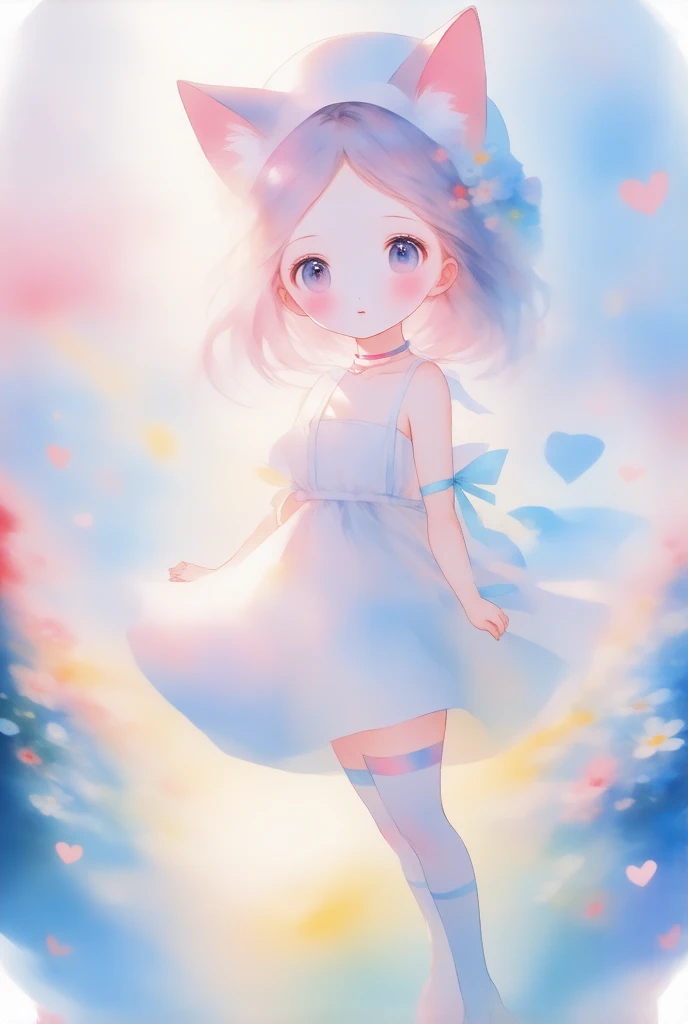 1girl, soles, solo, pink_flower, tail, cat_ears, animal_ears, blue_eyes, white_dress, dress, cat_tail, flower, feet, virtual_youtuber, breasts, thighhighs, ahoge, looking_at_viewer, purple_hair, strap_slip, hair_ornament, foot_focus, white_thighhighs, cat_girl, no_shoes, heart, choker, wrist_cuffs, toes, blush, hat, ribbon
