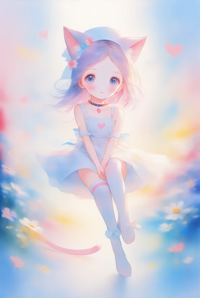 1girl, soles, solo, pink_flower, tail, cat_ears, animal_ears, blue_eyes, white_dress, dress, cat_tail, flower, feet, virtual_youtuber, breasts, thighhighs, ahoge, looking_at_viewer, purple_hair, strap_slip, hair_ornament, foot_focus, white_thighhighs, cat_girl, no_shoes, heart, choker, wrist_cuffs, toes, blush, hat, ribbon
