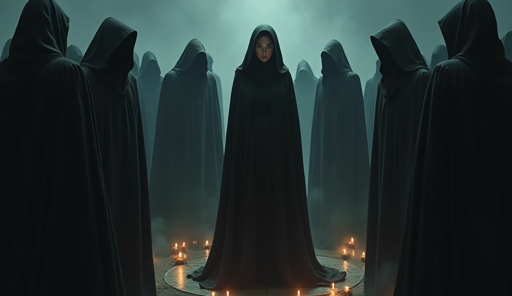 A woman with a hood and sitting in the dark, her face cannot be seen, to the side a ghostly with pupilless eyes