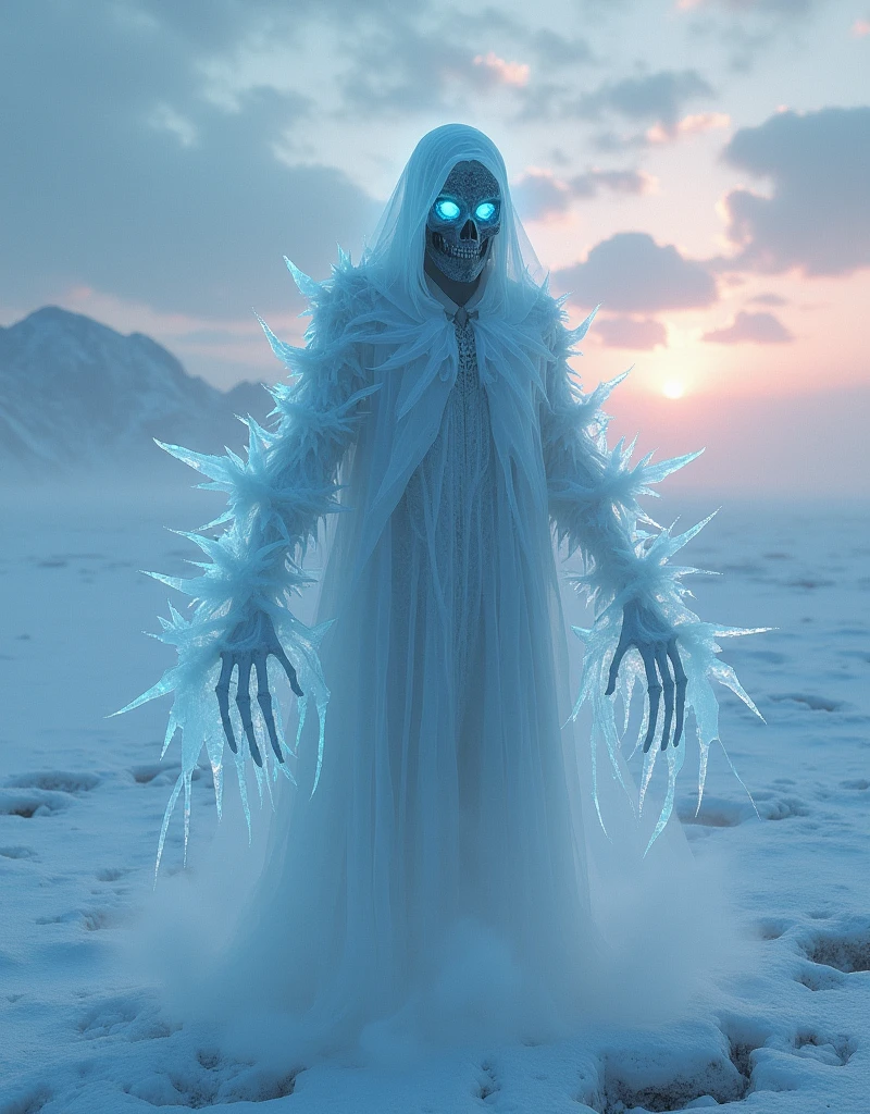 The cursed ice specter hovers motionless, haunting the heart of a desolate and frozen desert. A faint spectral glow outlines its translucent form, giving it the impression of being both present and disappearing into the icy mist. The expanse of ice below is shattered, as if it had been fractured by an ancient power, with shards capturing the last light of a setting sun, casting a deep and dark glow over the landscape. Above, the sky is a changing tapestry of cold blues, stormy grays, and pale pinks, marking the twilight hours as the world sinks into darkness. The body of the specter is ghostly and almost transparent, but it is covered with a layer of jagged frost crystals that jut outward like sharp and dangerous thorns. A sinister mask, resembling a twisted blend of bone and ice, conceals its face, revealing only two strange pale blue eyes. These eyes shimmer with a cold and supernatural light that pierces the twilight, cutting through the darkness like the gaze of a predator. Skeletal hands extend beneath the torn white shroud of the specter, each finger incredibly elongated and covered in frost that billows like icy vapor. As it hovers, faint tendrils of icy mist wrap around it, spreading like the smoke from a forbidden fire. The veil itself is ghostly and tattered, as if made of a frozen fog that flows around its form, drifting in the wind that sweeps across the frozen earth. Sharp shadows, tinged with a metallic sheen, dance along the silhouette of the specter, casting an aura of terror and icy calm.