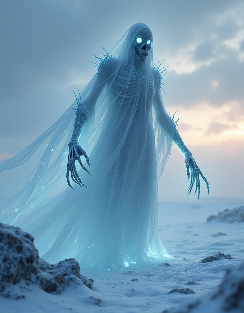 The cursed ice specter hovers motionless, haunting the heart of a desolate and frozen desert. A faint spectral glow outlines its translucent form, giving it the impression of being both present and disappearing into the icy mist. The expanse of ice below is shattered, as if it had been fractured by an ancient power, with shards capturing the last light of a setting sun, casting a deep and dark glow over the landscape. Above, the sky is a changing tapestry of cold blues, stormy grays, and pale pinks, marking the twilight hours as the world sinks into darkness. The body of the specter is ghostly and almost transparent, but it is covered with a layer of jagged frost crystals that jut outward like sharp and dangerous thorns. A sinister mask, resembling a twisted blend of bone and ice, conceals its face, revealing only two strange pale blue eyes. These eyes shimmer with a cold and supernatural light that pierces the twilight, cutting through the darkness like the gaze of a predator. Skeletal hands extend beneath the torn white shroud of the specter, each finger incredibly elongated and covered in frost that billows like icy vapor. As it hovers, faint tendrils of icy mist wrap around it, spreading like the smoke from a forbidden fire. The veil itself is ghostly and tattered, as if made of a frozen fog that flows around its form, drifting in the wind that sweeps across the frozen earth. Sharp shadows, tinged with a metallic sheen, dance along the silhouette of the specter, casting an aura of terror and icy calm.