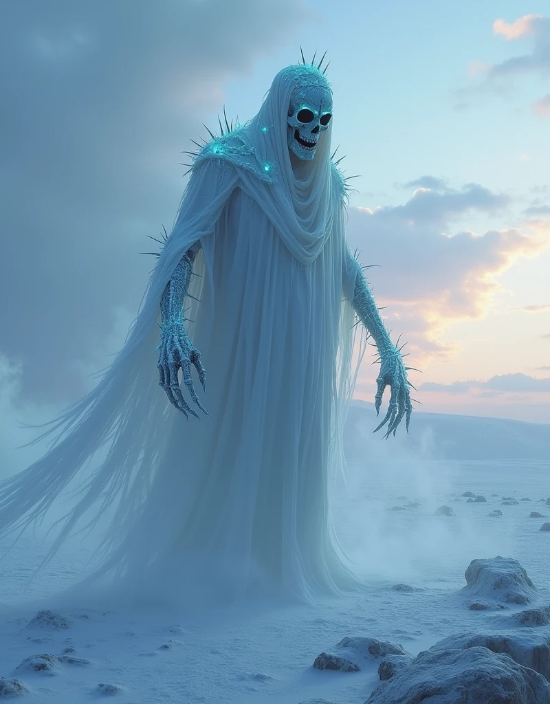 The cursed ice specter hovers motionless, haunting the heart of a desolate and frozen desert. A faint spectral glow outlines its translucent form, giving it the impression of being both present and disappearing into the icy mist. The expanse of ice below is shattered, as if it had been fractured by an ancient power, with shards capturing the last light of a setting sun, casting a deep and dark glow over the landscape. Above, the sky is a changing tapestry of cold blues, stormy grays, and pale pinks, marking the twilight hours as the world sinks into darkness. The body of the specter is ghostly and almost transparent, but it is covered with a layer of jagged frost crystals that jut outward like sharp and dangerous thorns. A sinister mask, resembling a twisted blend of bone and ice, conceals its face, revealing only two strange pale blue eyes. These eyes shimmer with a cold and supernatural light that pierces the twilight, cutting through the darkness like the gaze of a predator. Skeletal hands extend beneath the torn white shroud of the specter, each finger incredibly elongated and covered in frost that billows like icy vapor. As it hovers, faint tendrils of icy mist wrap around it, spreading like the smoke from a forbidden fire. The veil itself is ghostly and tattered, as if made of a frozen fog that flows around its form, drifting in the wind that sweeps across the frozen earth. Sharp shadows, tinged with a metallic sheen, dance along the silhouette of the specter, casting an aura of terror and icy calm.