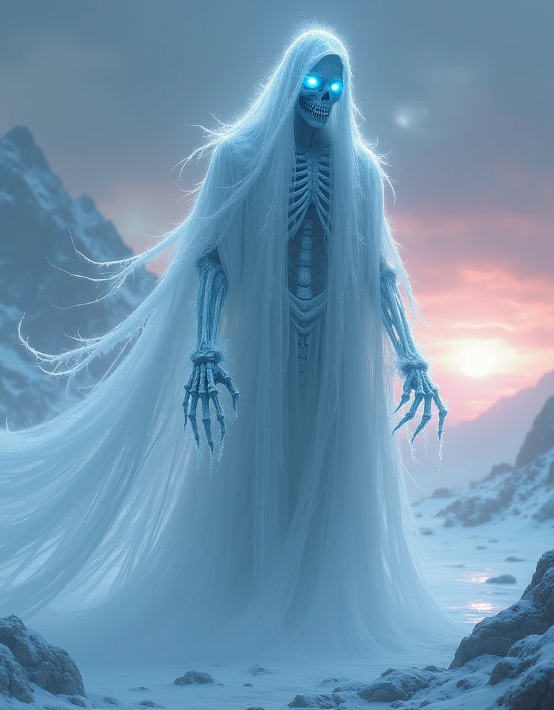 The cursed ice specter hovers motionless, haunting the heart of a desolate and frozen desert. A faint spectral glow outlines its translucent form, giving it the impression of being both present and disappearing into the icy mist. The expanse of ice below is shattered, as if it had been fractured by an ancient power, with shards capturing the last light of a setting sun, casting a deep and dark glow over the landscape. Above, the sky is a changing tapestry of cold blues, stormy grays, and pale pinks, marking the twilight hours as the world sinks into darkness. The body of the specter is ghostly and almost transparent, but it is covered with a layer of jagged frost crystals that jut outward like sharp and dangerous thorns. A sinister mask, resembling a twisted blend of bone and ice, conceals its face, revealing only two strange pale blue eyes. These eyes shimmer with a cold and supernatural light that pierces the twilight, cutting through the darkness like the gaze of a predator. Skeletal hands extend beneath the torn white shroud of the specter, each finger incredibly elongated and covered in frost that billows like icy vapor. As it hovers, faint tendrils of icy mist wrap around it, spreading like the smoke from a forbidden fire. The veil itself is ghostly and tattered, as if made of a frozen fog that flows around its form, drifting in the wind that sweeps across the frozen earth. Sharp shadows, tinged with a metallic sheen, dance along the silhouette of the specter, casting an aura of terror and icy calm.