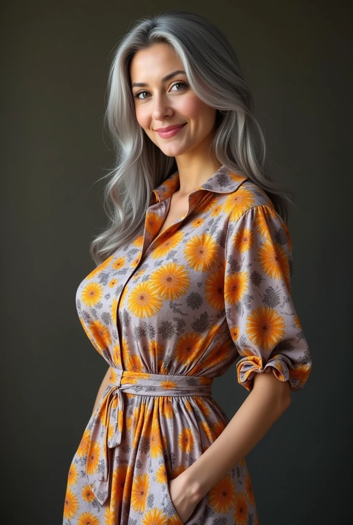 a beautiful matronly woman with abnormally huge round breasts, (((thin body))), pleasant smile, vibrant flare skirt shirtwaist dress, long gray hair, realistic profile view, looking directly at the camera, her breasts are huge, bulging, and well-rounded