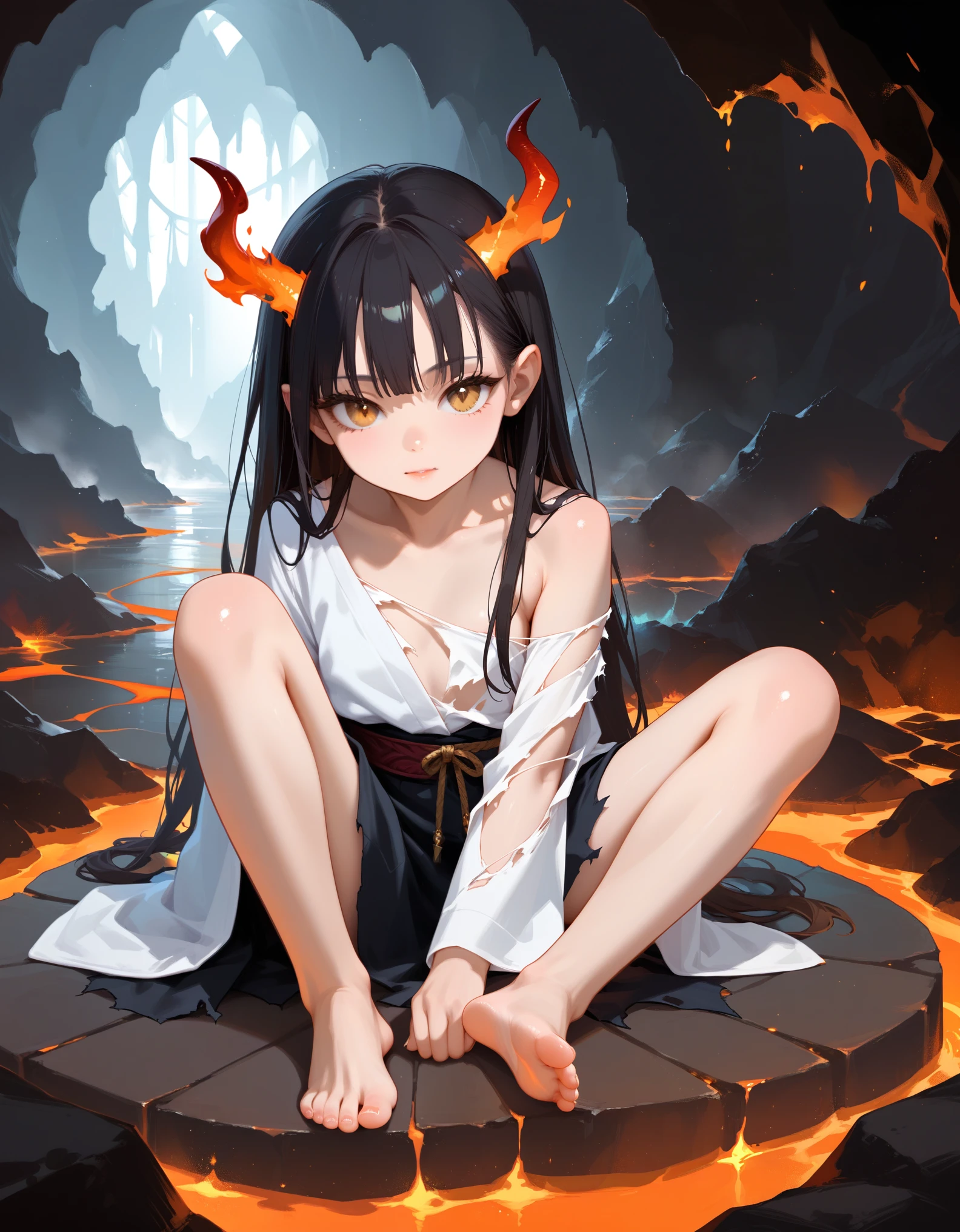 score_9,score_8_up,score_7_up,score_6_up,source_anime,
BREAK
A young half-dragon girl sits in a cave surrounded by fire and lava,skinny and fragile,
gold eyes,looking at viewer,
long hair,black hair,
dragon girl,dragon horns,dragon tail,
indoors,dungeon,
torn clothes,robe,
bare legs,
molten rock,fire,burning,