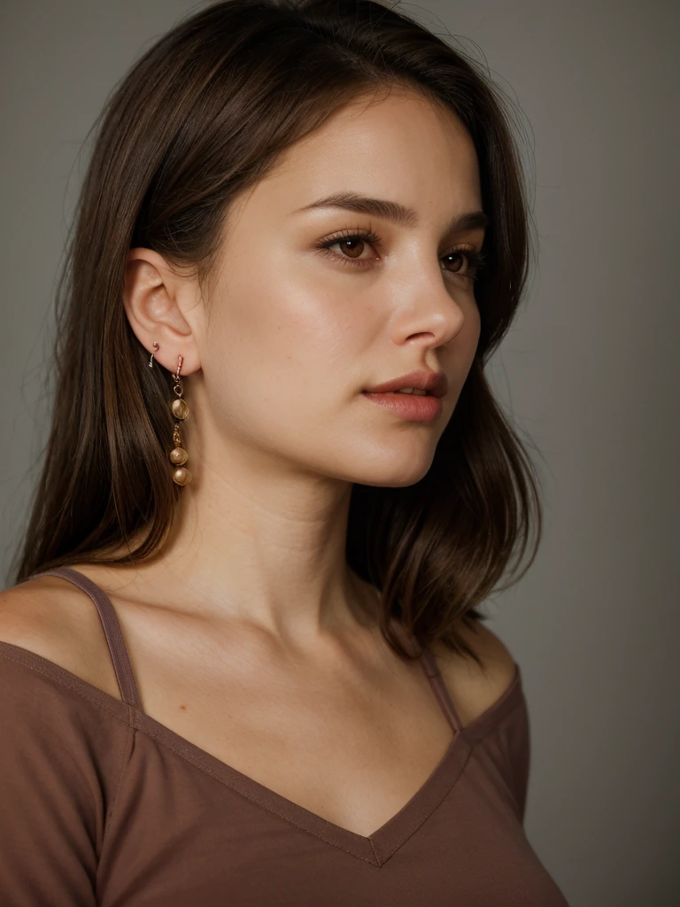 Realistic photo of a beautiful n4t4l13p-v2 woman,  1girl, solo, simple background, brown hair, long sleeves, bare shoulders, brown eyes, jewelry, upper body, earrings, parted lips, teeth, grey background, off shoulder, lips, looking to the side, looking away, realistic, nose, hand on own chin, soft lighting, professional Photography, Photorealistic, detailed, RAW, analog, sharp focus, 8k, HD, high quality, masterpiece