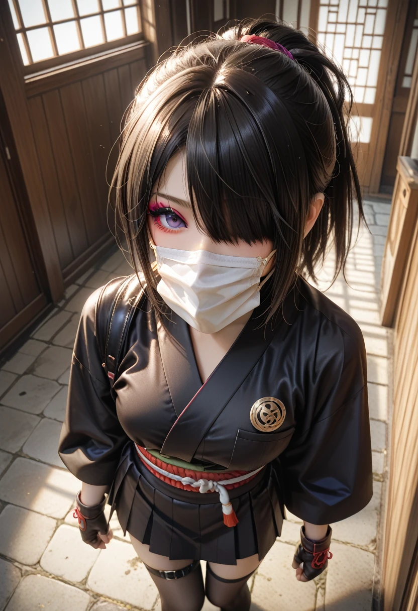 (score_9,score_8_up,score_7_up,score_6_up,score_5_up,score_4_up),High resolution 8K,Top Quality Unity 8k ,break kunoichiNinja,Ninja, 1 girl,Alone,Black Hair ,Hair over one eye , eyeshadow,purple  eyeshadow,breast,small breast, break ベアショルダー,mask,Cover your mouth,Ninja mask ,Black kimono,Black kimono, Black Short Kimono,肘Gloves,指なしGloves,Gloves,Food,skirt, fishnet tights , black legwear, thigh strap ,fan、 break { cowboy shots、night、castle town、 moonlight}、Chest Focus、 from above、