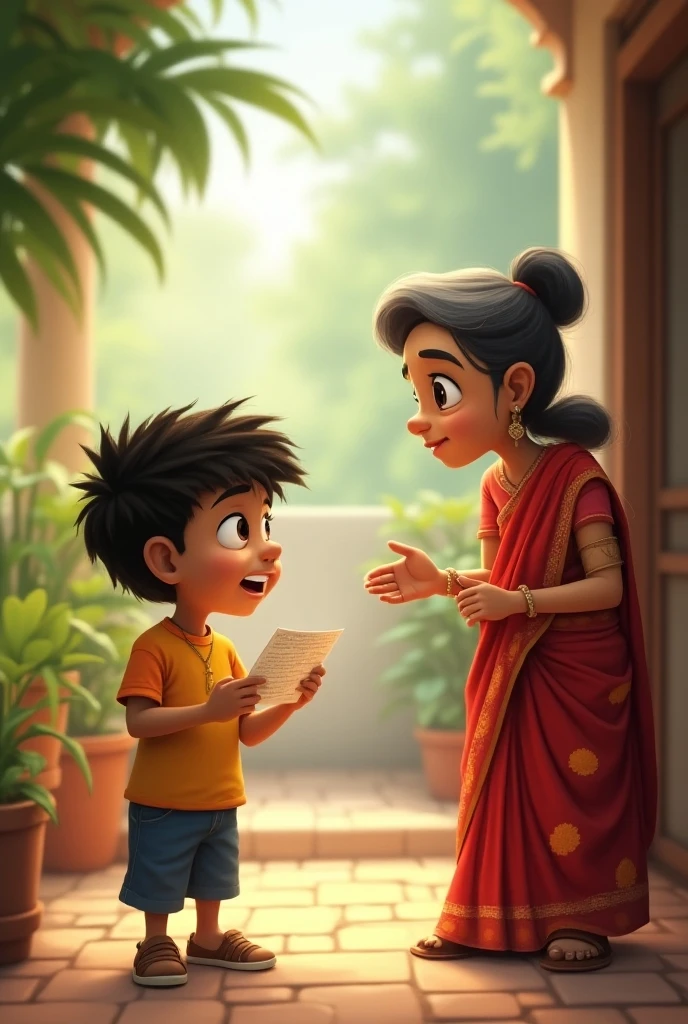 In 3d cartoon animation style "**lady Teacher Tutoring Ramesh**: A scene showing Ramesh and the teacher after school hours. They are sitting under a large tree outside the school, with open books and chalk on a small slate. The teacher is patiently explaining something, and Ramesh is listening intently."