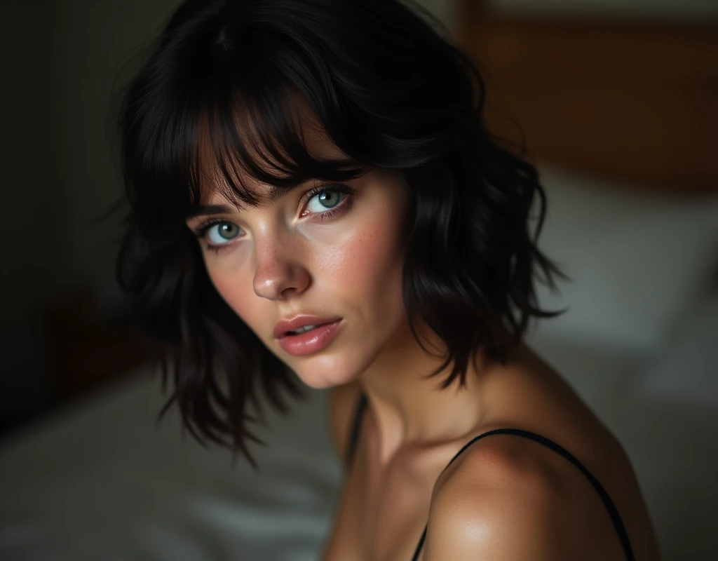 A frontal full-body portrait that resembles the actress “Shannyn Sossamon”. With very short hair, a sensual smile, a pale, porcelain-like complexion, wide open eyes, delicate freckles on her nose and flushed cheeks. Her head and upper body are surrounded by an ornate paisley pattern reminiscent of delicate lace or a network of leaf veins. The pattern should be in dark shades of black and brown and blend seamlessly with the skin or look like a natural extension of the woman's body. The woman's facial features should be symmetrical and well-defined, with a calm and serene expression. The image should combine elements of nature with human features to create an artistic and surreal portrait. The light, revealing clothing and visible body parts resemble coarse linen in bright colors. Gold particles float in the air and glisten in the light of the evening sun. A marbled rock face can be seen in the background, illuminated by the evening light. Overall effect: a calm and unworldly being in quiet contemplation.
