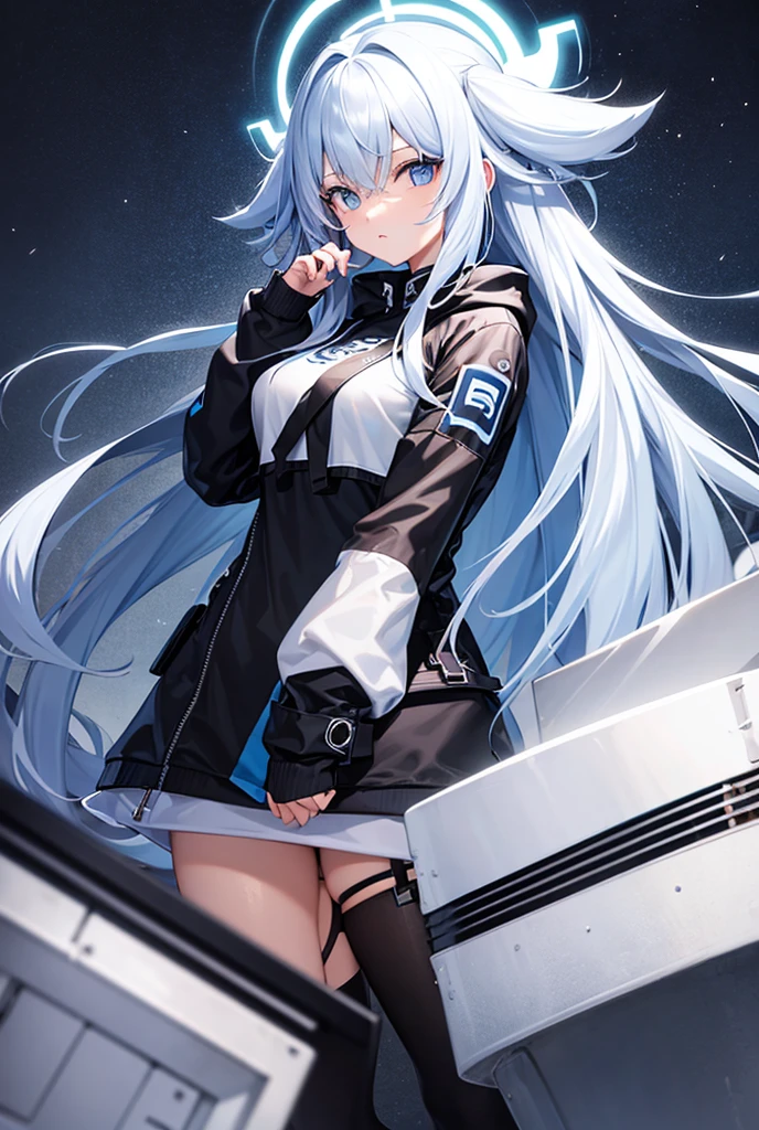 A girl，White long hair，Dissemination，Light blue pupils，Big breasts，17-year-old girl，Humanity，A bit dull，mild，Casual wear，Azur route style