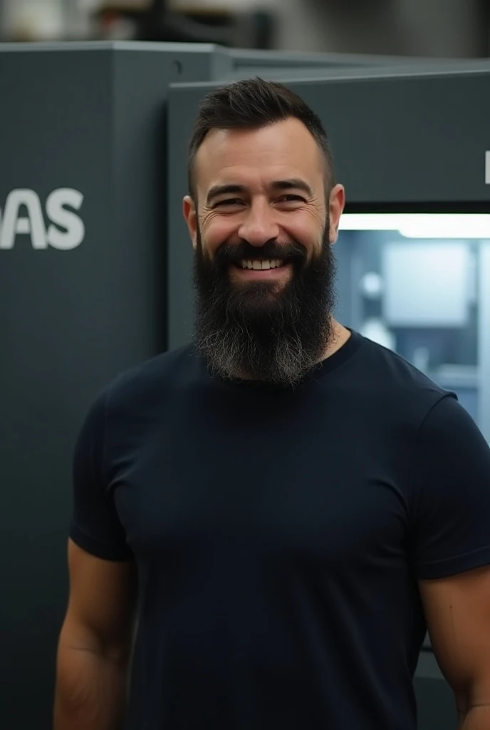 a guy dressed in a black T-shirt sits on a chair and smiles. no hair on head, he's bald. Black beard on face, big