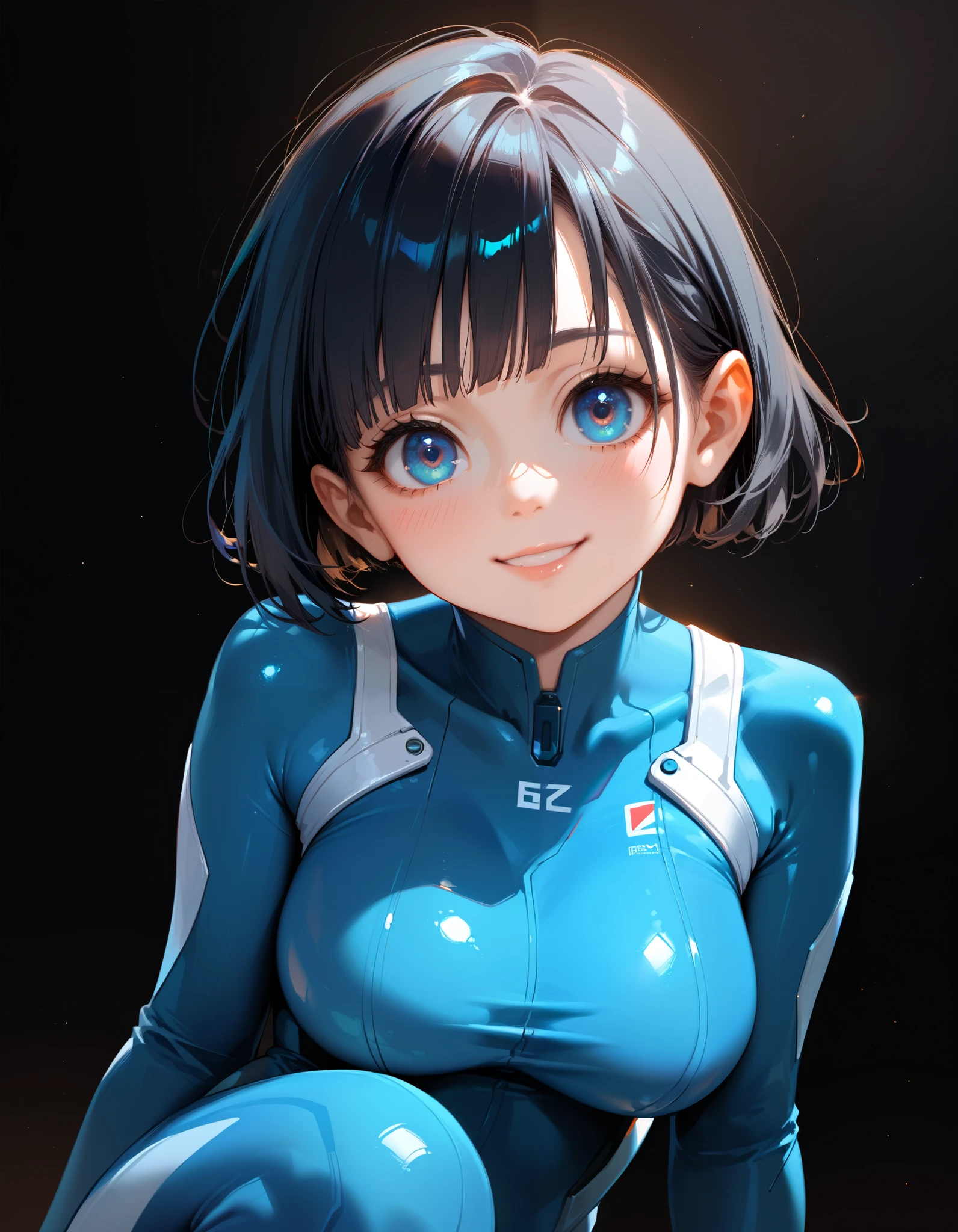 score_9, score_8_up, score_7_up, source_anime, (absurdres, highres), (high quality, best quality), (masterpiece:0.5), female, big breasts, black hair, short hair, bangs, big eyes, blushing profusely, blue eyes, head tilt, smile, looking at viewer, bodysuit, thick thighs, science fiction, futuristic
