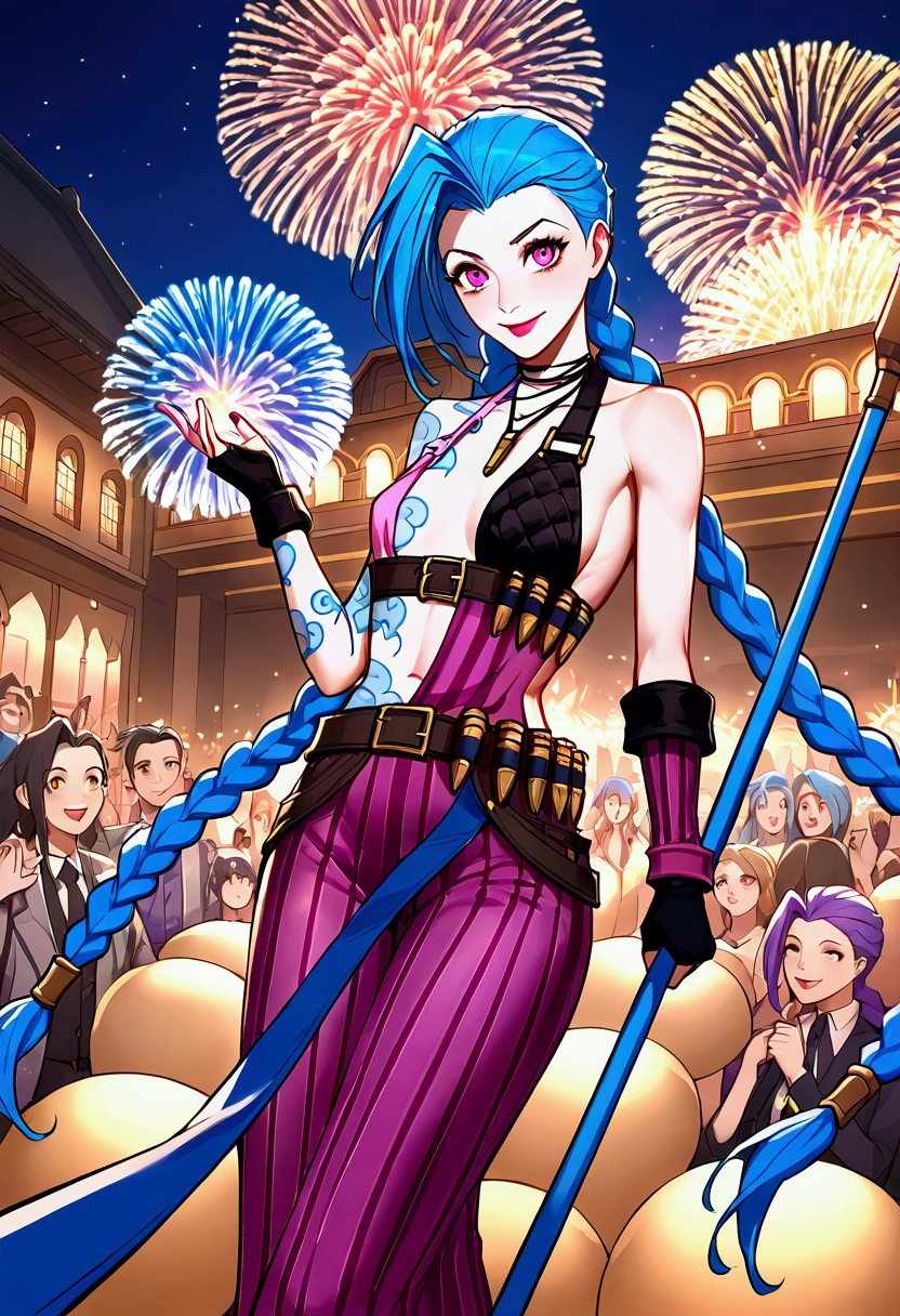 anime style, Jinx \(league of legends\), blue long hair, Jinx dances to her heart's content at a night , swaying to the rhythm of the music and drawing dazzling patterns in the air with her fireworks stick in her hand. Surrounded by a carnival crowd and flickering lights, she showcased her side as a  animal, Valkyrie, best quality, masterpiece, intricate details, ultra-detailed