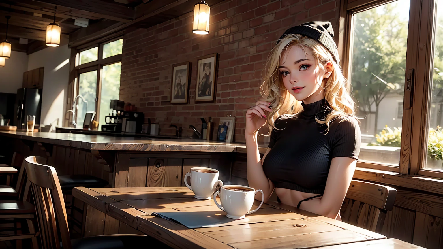 Mulher de boca carnuda, coffee cup, written board Bread & Queijo --auto