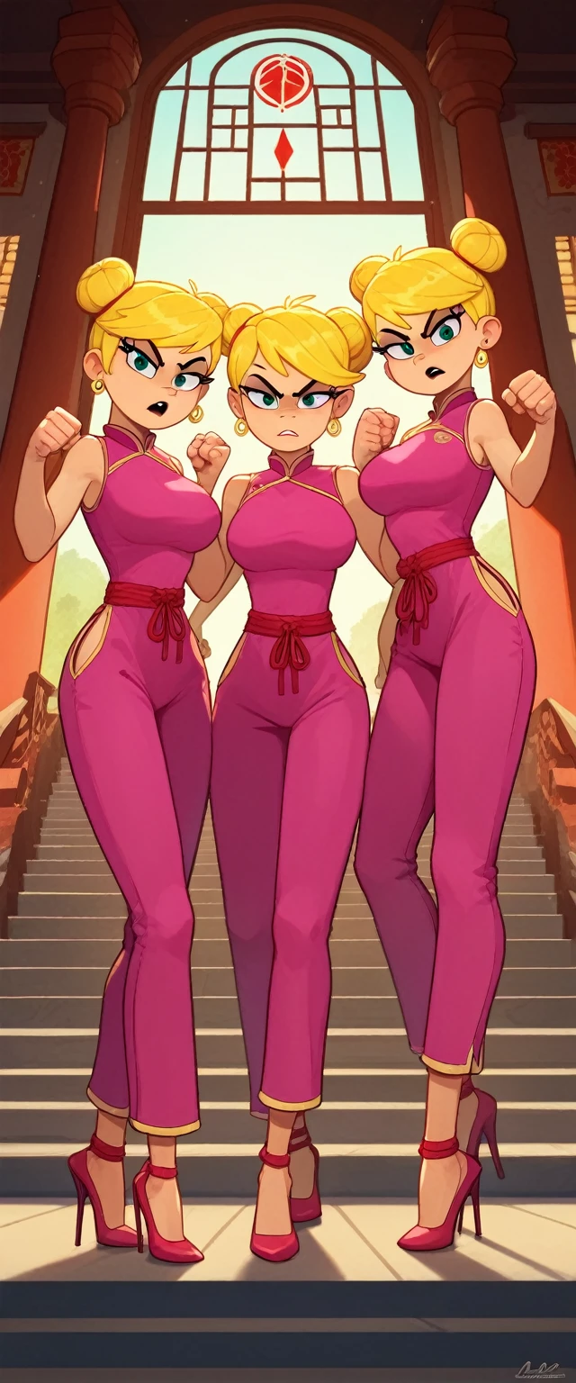 lola loud, 3girls, trio, 24yo girl, large breasts, pink cheongsam, inside of a chinese temple, looking at viewer, blonde hair, two hair buns , hands score_9, score_8_up, score_7_up, high heels, teep fighting stance,martial arts, stairs behind her, guarding the stairs, they wear the same outfit, they are twins