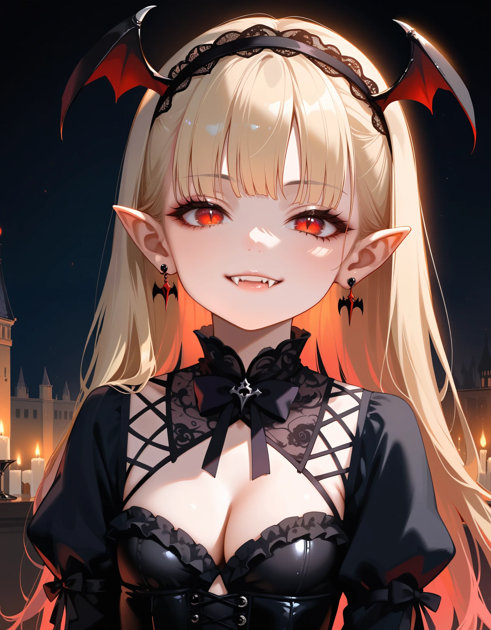 score_9, score_8_up, score_7_up, source_anime,  VaniVampy, vampy, vampire girl, 1girl, solo, very long blonde hair, bangs, red eyes, head wings, pointy ears, fangs, slit pupils,  black dress, gothic, long sleeves, frills, frilled dress, puffy long sleeves, hairband, hair bow, black earrings, cleavage cutout, black capelet, silk, fine fabric emphasis,  shaded face, smug, mesugaki, head tilt, teeth, black gloves,  gothic architecture, BREAK A young vampire girl in a gothic castle,