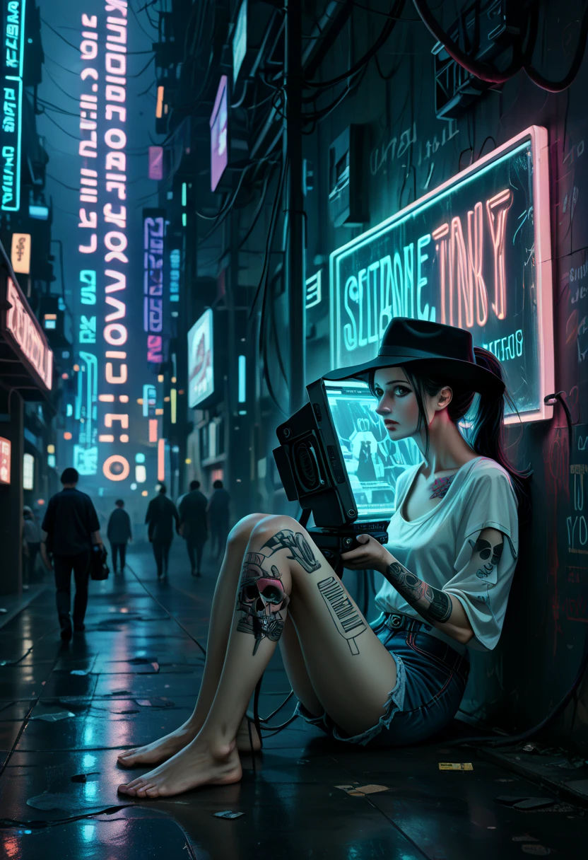 ((High quality)), ((masterpiece)), (realistic:1.5), (sensual:1.6), ((cyberpunk Tokyo alleyway)), surrounded by tall, looming skyscrapers bathed in neon lights and shadows. The night is quiet, with a distant hum of technology echoing through the narrow streets. A confident, alluring woman of 35 sits at a sleek, minimalist cyber-terminal set against the wall, illuminated by faint neon glows from signage above. (8K resolution), (cinematic atmosphere), (neon lights casting deep shadows and reflections:1.5), (soft rain falling, adding mist to the scene).

In the foreground, she sits at the terminal, connected by a slender, metallic cable running from her skull port directly into the computer, symbolizing her deep connection to this digital underworld. Her long blue hair cascades in a ponytail, with her head tilted slightly, exuding an air of introspection as her gaze is fixed intently on the screen. (Smooth, pale skin), tattoos tracing the contours of her arms, and subtle implants glinting in the neon light. She wears a vintage black cowboy hat, weathered denim shorts, and a fitted tee with a retro design, blending cyberpunk and old-world styles seamlessly.

Around her, a subdued ambiance fills the space, with dark reflections pooling in small puddles at her feet, soft hints of neon pink and blue casting surreal highlights across her figure. The city’s distant, muffled sounds create an immersive, dreamlike quality, as if time has slowed in this intimate moment. (Focus on realistic textures: skin, fabric, and cybernetic detailing), (delicate balance of neon reflections and subtle, shadowed lighting), (soft allure and enigmatic expression:1.5), (moody, contemplative atmosphere)