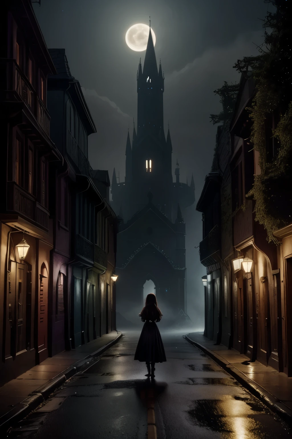  dreamlike fantasy landscape, a surreal , whimsical castle in the distance, 1girl, detailed face, beautiful eyes, long hair, detailed dress, walking through the mystical scenery, (best quality,4k,8k,highres,masterpiece:1.2),ultra-detailed,(realistic,photorealistic,photo-realistic:1.37),fantasy,surreal,dreamscape,magical,ethereal,glowing,vibrant colors,dramatic lighting, Dark gloomy street of mystic ancient town, nighttime, after the rain, (glowing fog)1,2, muted colors, vintage, aesthetic, (Dark Fantasy)0,9, Otherworldly, Surreal, 16K, dreamy, dark mode, Starlight0,9, moonlight, Ambrotype, beautiful, masterpiece, highest quality, There is a black flower on the damaged road，crescent moon，town，The light is dark，gothic style (best quality),（intricate details), (8k）

