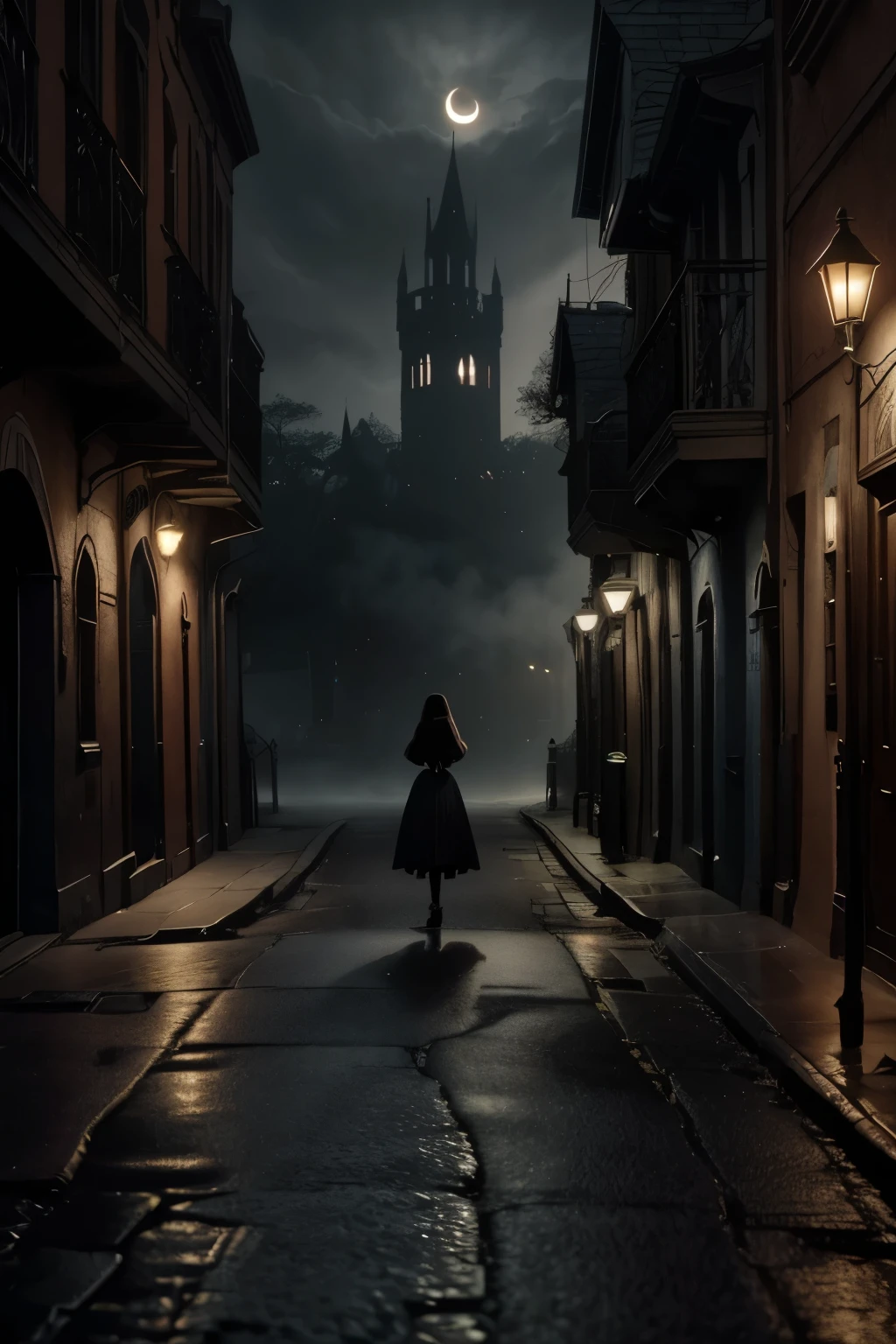  dreamlike fantasy landscape, a surreal , whimsical castle in the distance, 1girl, detailed face, beautiful eyes, long hair, detailed dress, walking through the mystical scenery, (best quality,4k,8k,highres,masterpiece:1.2),ultra-detailed,(realistic,photorealistic,photo-realistic:1.37),fantasy,surreal,dreamscape,magical,ethereal,glowing,vibrant colors,dramatic lighting, Dark gloomy street of mystic ancient town, nighttime, after the rain, (glowing fog)1,2, muted colors, vintage, aesthetic, (Dark Fantasy)0,9, Otherworldly, Surreal, 16K, dreamy, dark mode, Starlight0,9, moonlight, Ambrotype, beautiful, masterpiece, highest quality, There is a black flower on the damaged road，crescent moon，town，The light is dark，gothic style (best quality),（intricate details), (8k）

