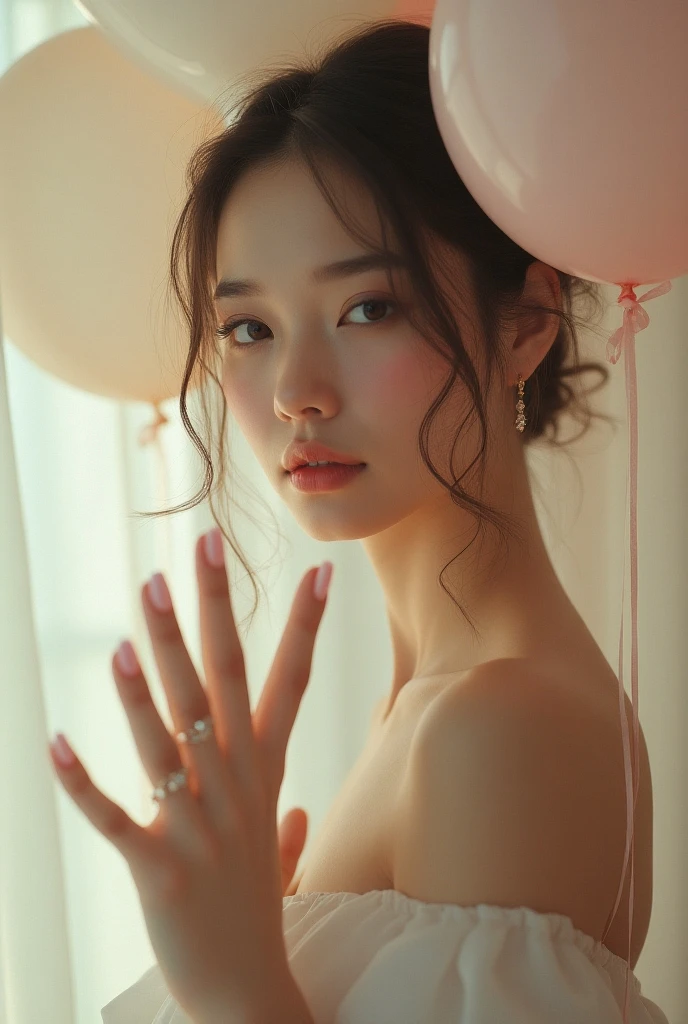 (masterpiece:1.2),(CGI Art:1.3),(Practical:1.5),(Post-processing:1.3),(Clear focus:1.3),8k,There is 1 girl in the bedroom, ((Upper Body)), ((White Dress)), (((Glowing skin))), (Wide-angle lens:1.4), window, (((Pastel balloon background chaos))), (High shadow detail) , (illustration:1.2), (ulzzang-6500:1.0), ((HDR)),