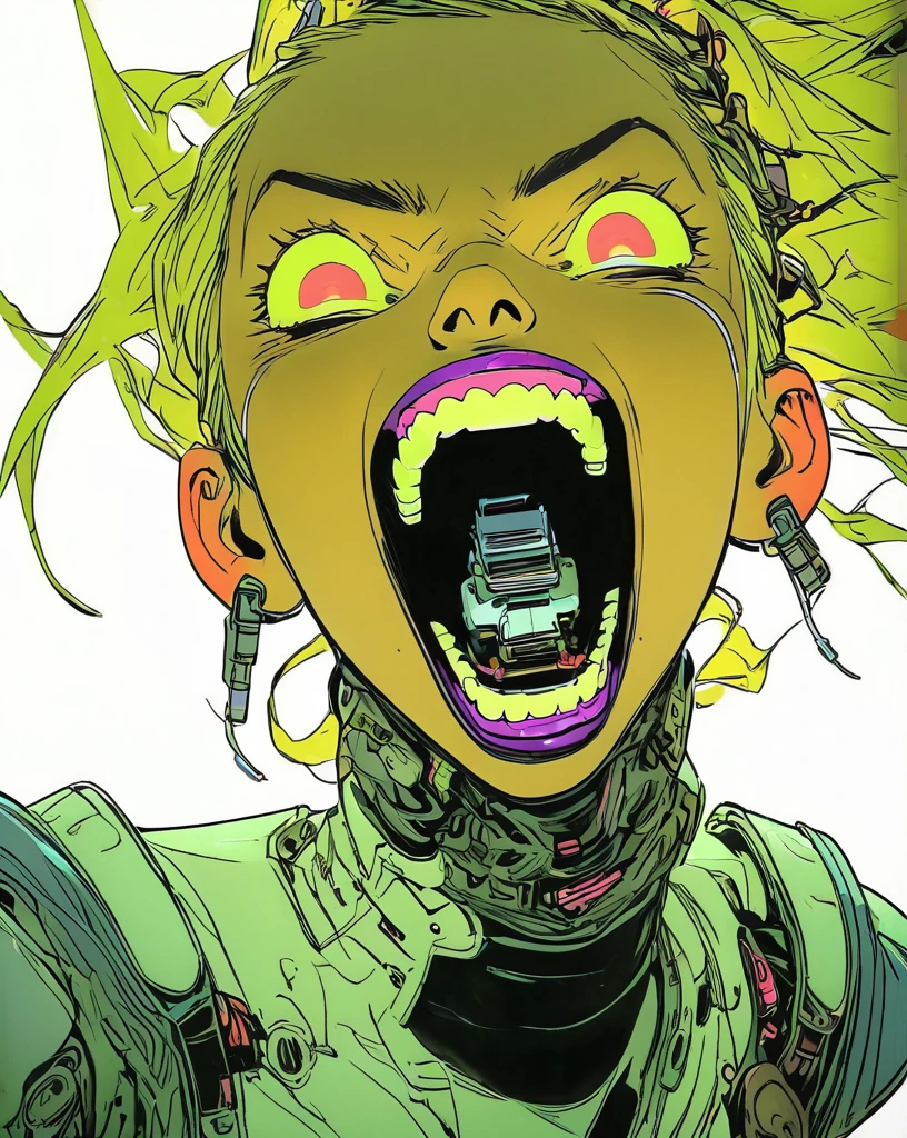 open mouth, glowing, mechanical parts, solo, glowing eyes, teeth, science fiction, 1girl, android, cyberpunk