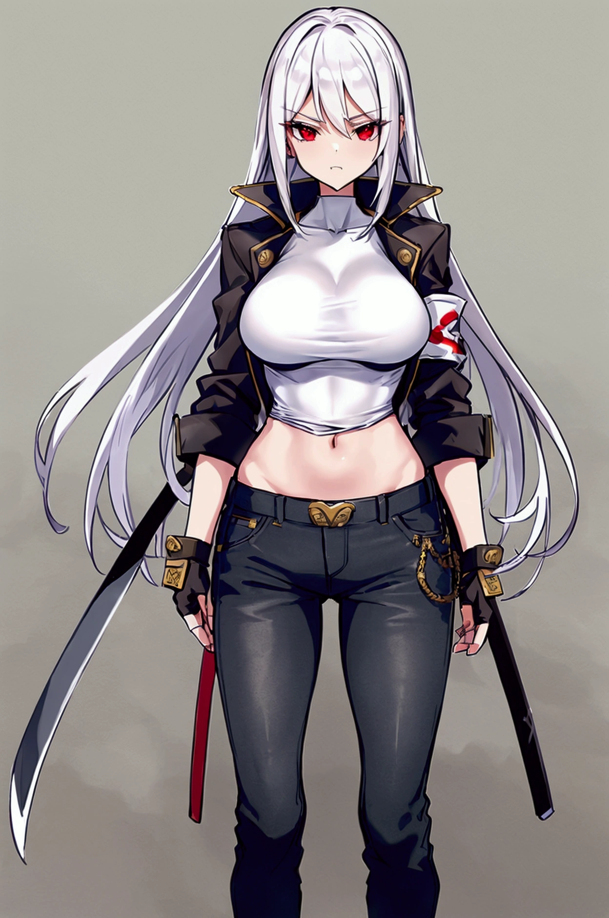  ultra detailed , Obra de arte,  Best quality ,  standing alone , arrogant smile,
 a girl, red eyes, ( long hair  blanco, highlighted ,  long hair ,  big breasts shirt, toned abdomen
coat on the shoulders, pantss jeans,   long sleeve white shirt with rolled sleeves ,  fingerless gloves , combat boots, pants,  black coat , 2 Katanas :  ( 1 glove in the hand  ,  another one kept at the waist )  battle posture  ,   movement with the katana  