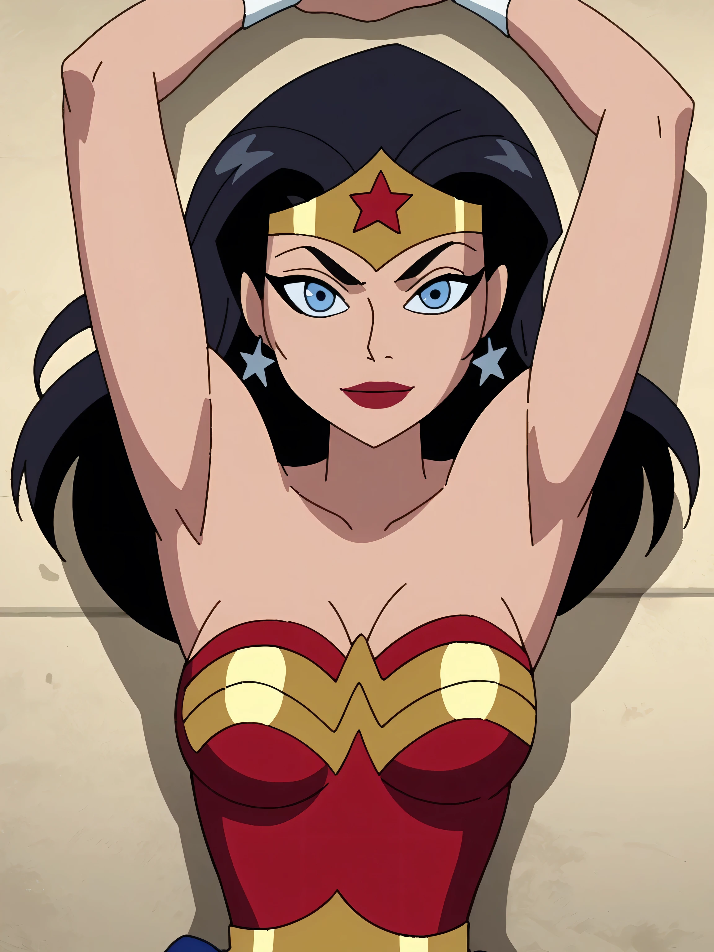 score_9, score_8_up, score_7_up, source_anime, anime screencap, 1girl, solo, wwjl long hair, strapless, black hair, leotard, star, wonder woman, cleavage, red leotard, star print, makeup, tiara, lipstick, blue eyes, ear piercing, arms up, raised arms, armpits, from above, looking at viewer, head towards viewer, smile, closed mouth, badhandv4