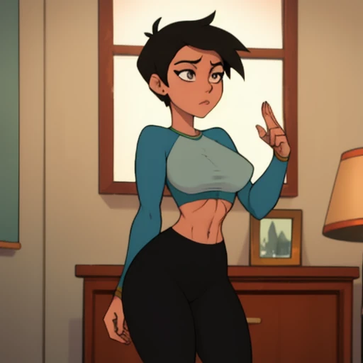 Masterpiece, Best_QualityPos, RAW photo, intricate details, best quality, 8k uhd, soft lighting, 1girl, solo, grey eyes, very short black hair, bob cut, light-skinned, short hair, standing up, beautiful female anatomy, tight long sleeve shirt, yoga pants, short breasts, abs , background bedroom, Lois Lane