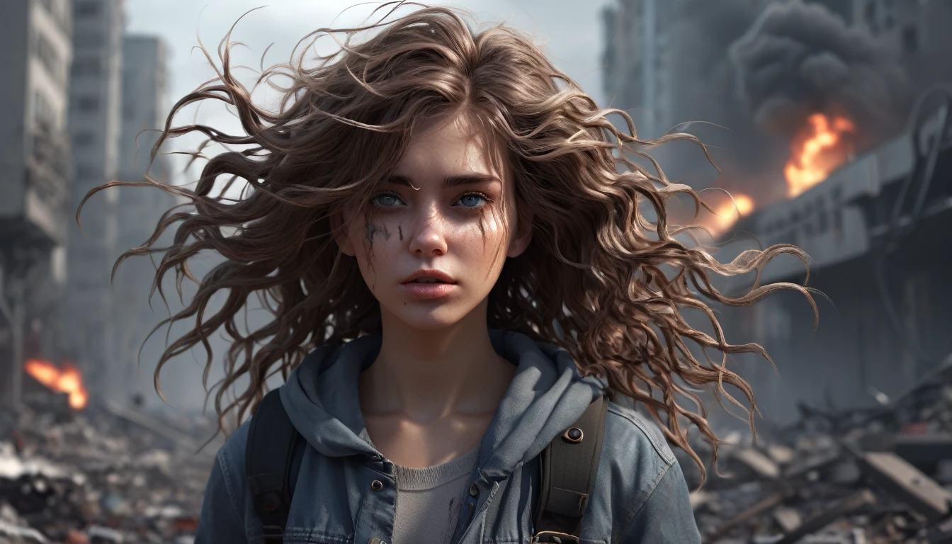 Beautiful 3D Render Girl, apocalypse, chaos,  wavy hair ,  High resolution,  masterpiece ,  Best quality ,  a girl, 